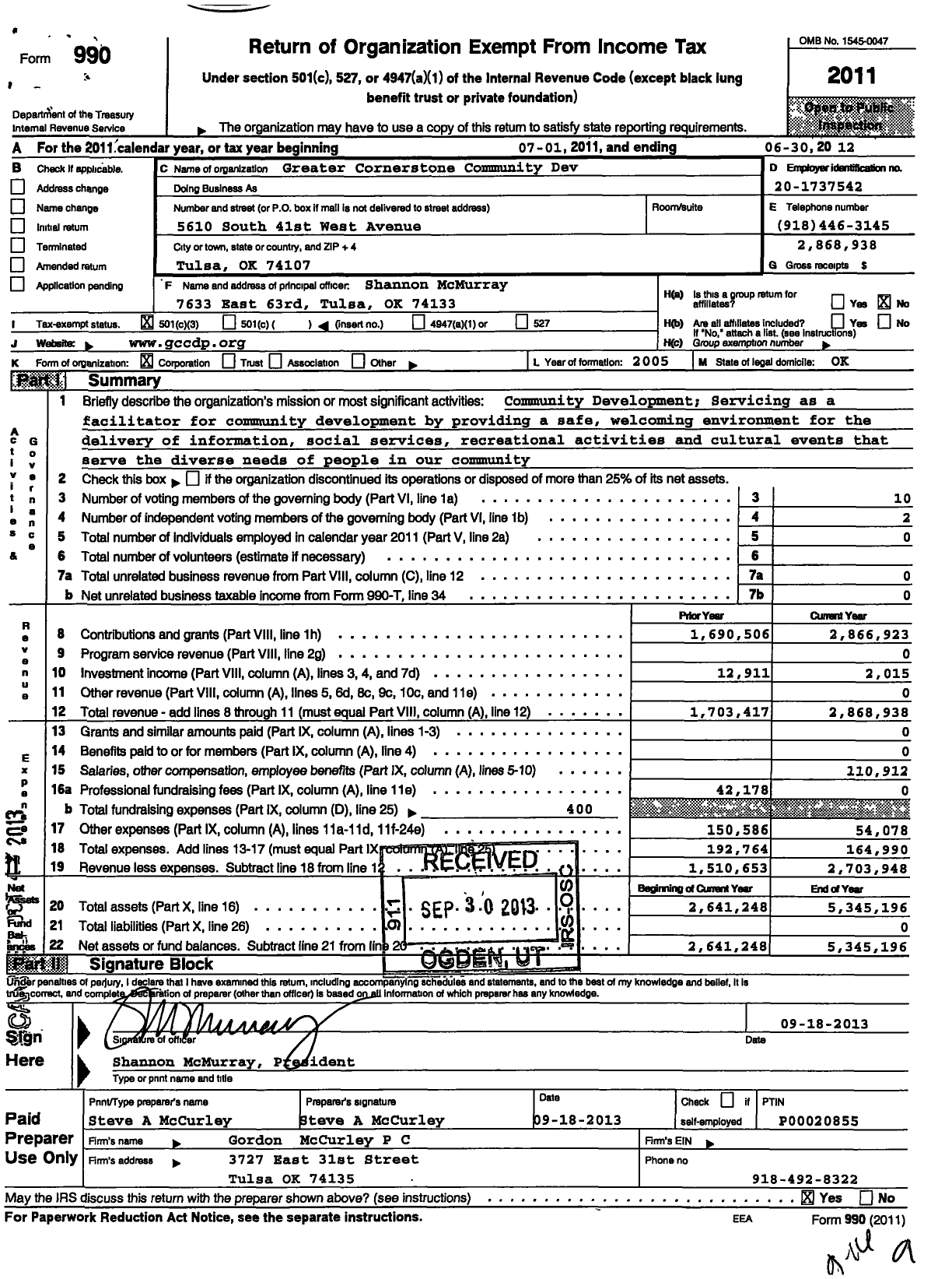 Image of first page of 2011 Form 990 for Greater Cornerstone Community Development Project