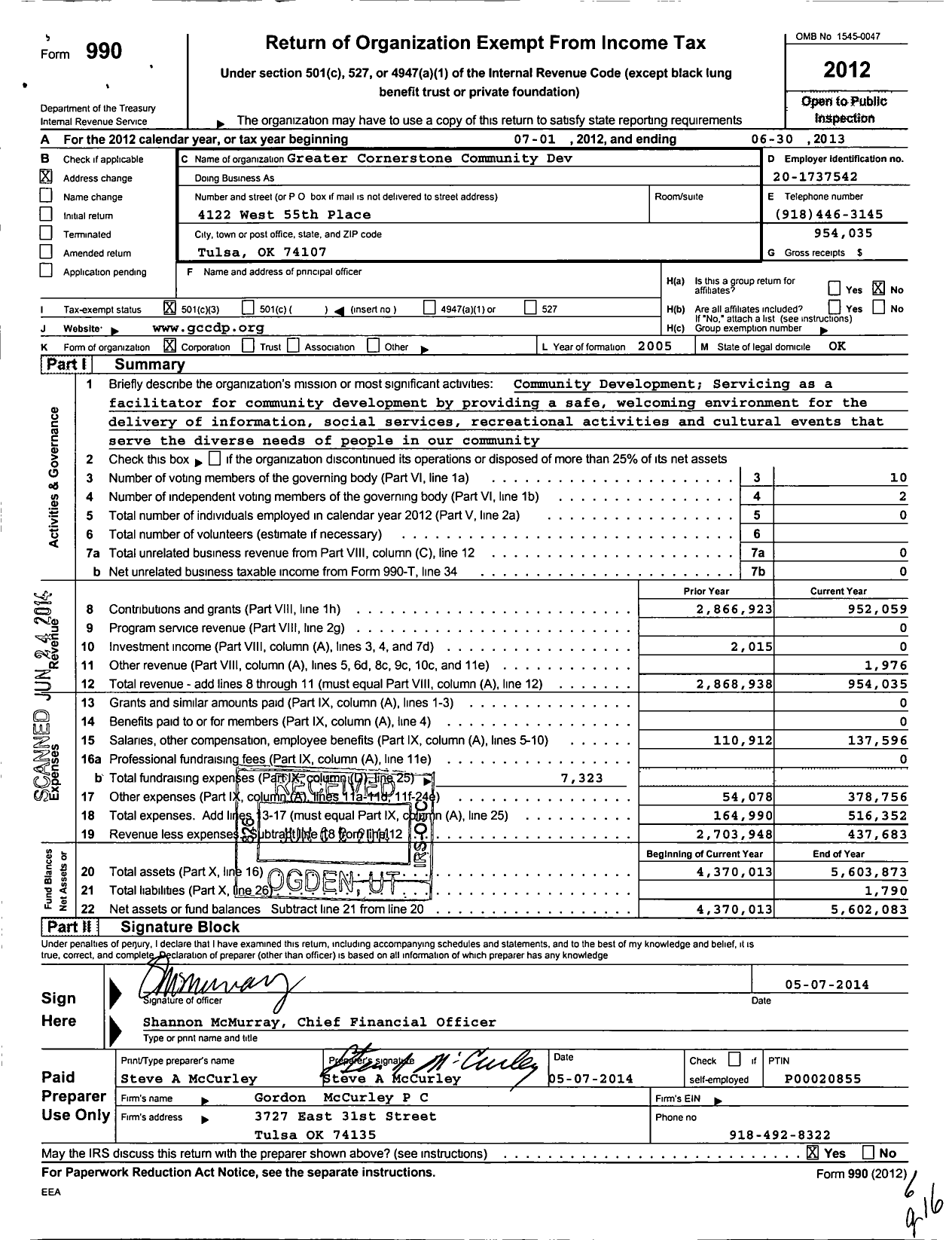 Image of first page of 2012 Form 990 for Greater Cornerstone Community Development Project