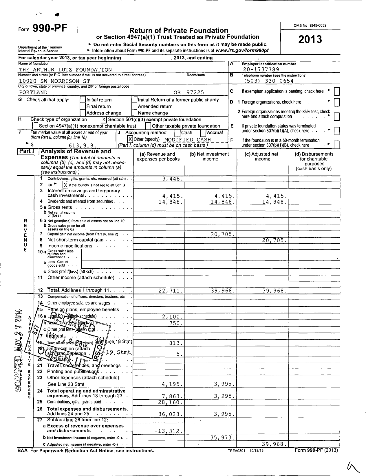 Image of first page of 2013 Form 990PF for The Arthur Lutz Foundation