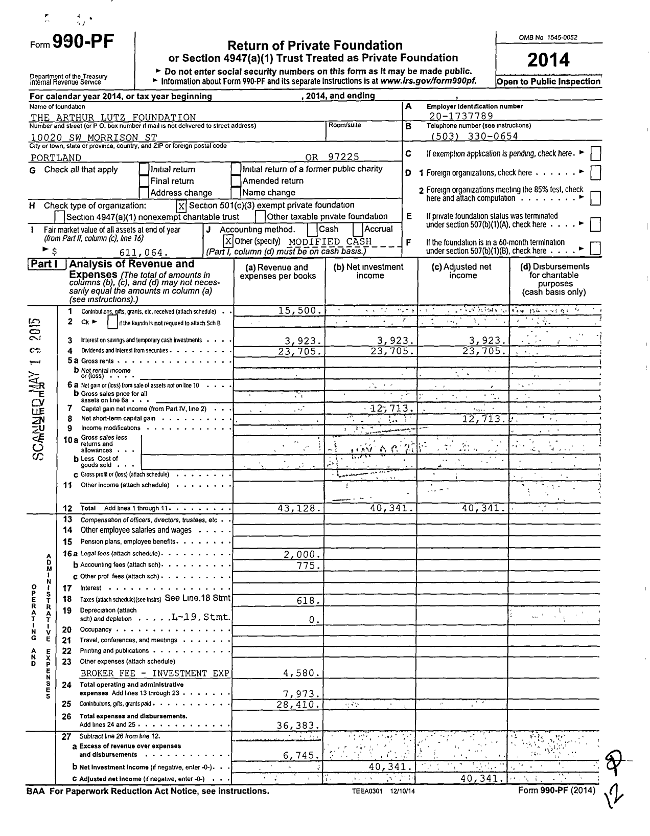 Image of first page of 2014 Form 990PF for The Arthur Lutz Foundation