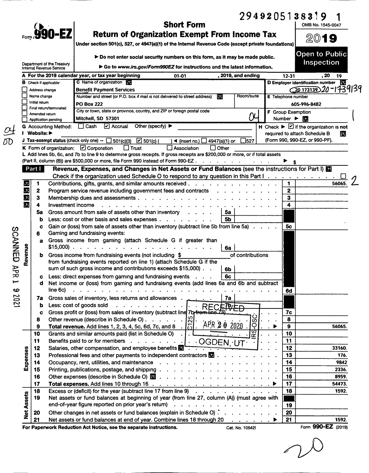 Image of first page of 2019 Form 990EO for Benefit Payment Services