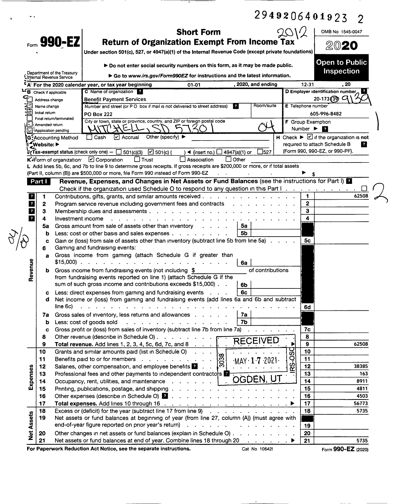 Image of first page of 2020 Form 990EO for Benefit Payment Services