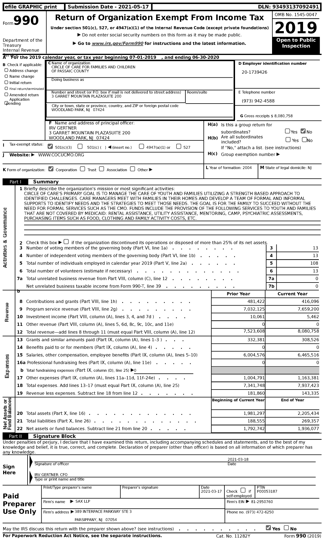 Image of first page of 2019 Form 990 for Circle of Care for Families and Children of Passaic County