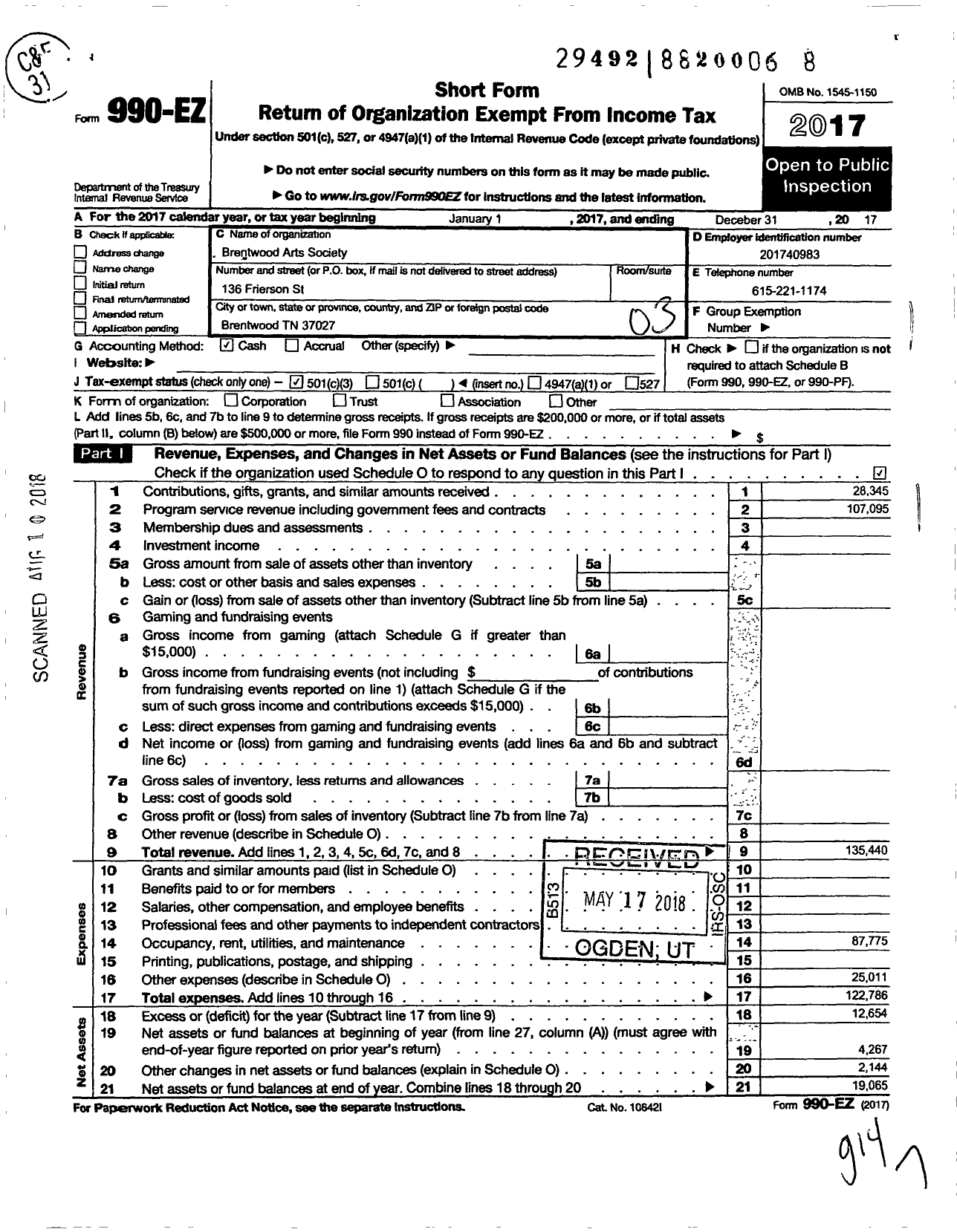 Image of first page of 2017 Form 990EZ for Brentwood Arts Foundation