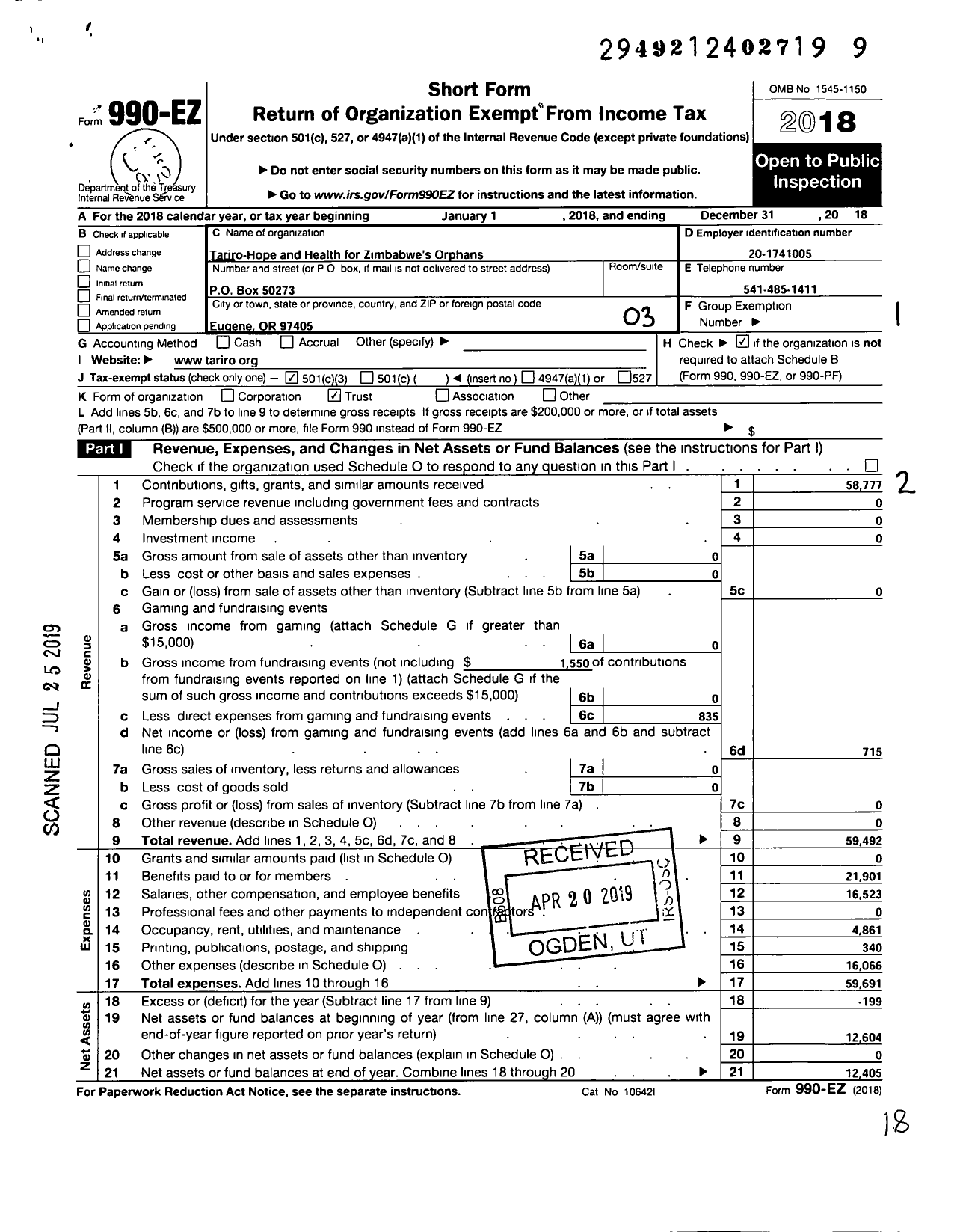 Image of first page of 2018 Form 990EZ for Tariro-Hope and Health for Zimbabwes Orphans