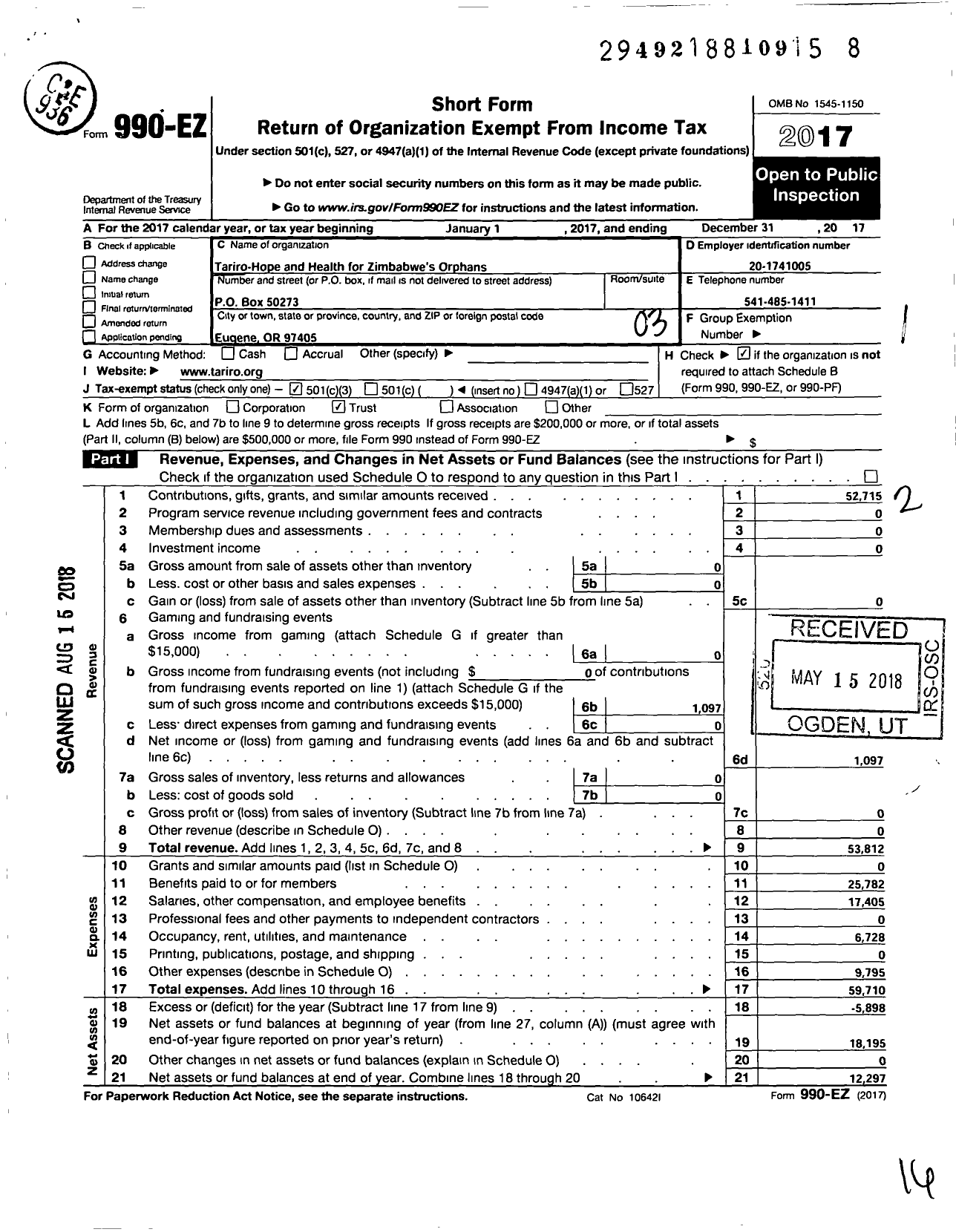 Image of first page of 2017 Form 990EZ for Tariro-Hope and Health for Zimbabwes Orphans