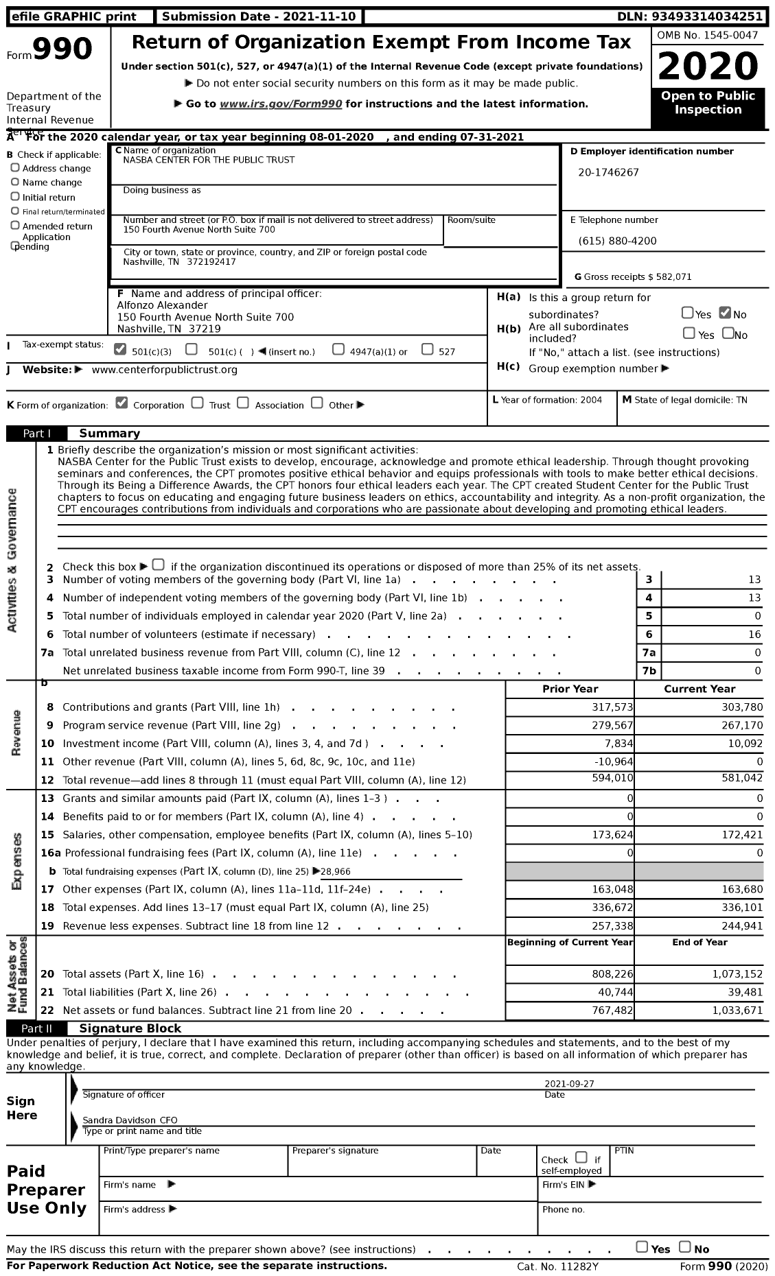 Image of first page of 2020 Form 990 for Nasba Center for the Public Trust