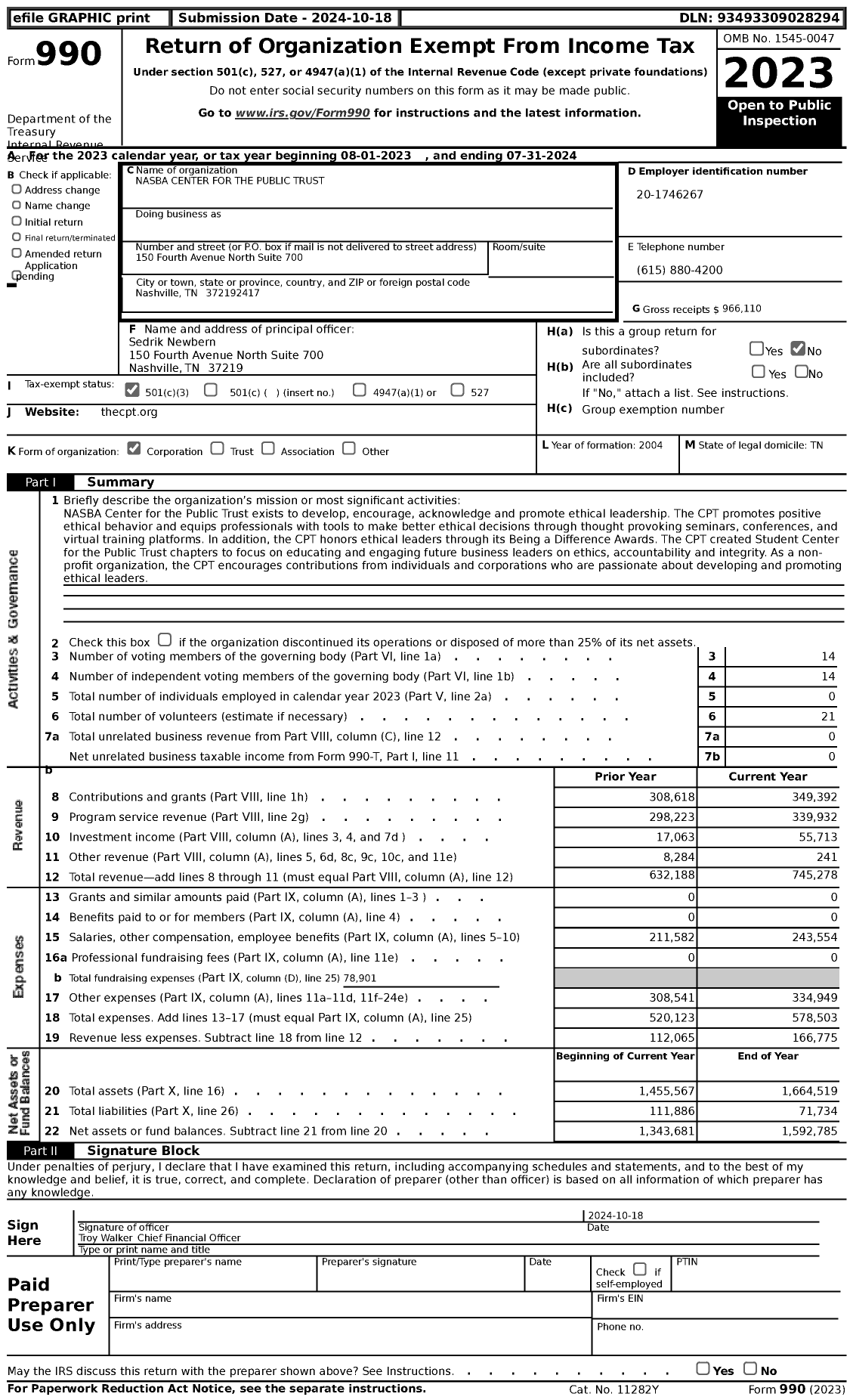 Image of first page of 2023 Form 990 for Nasba Center for the Public Trust