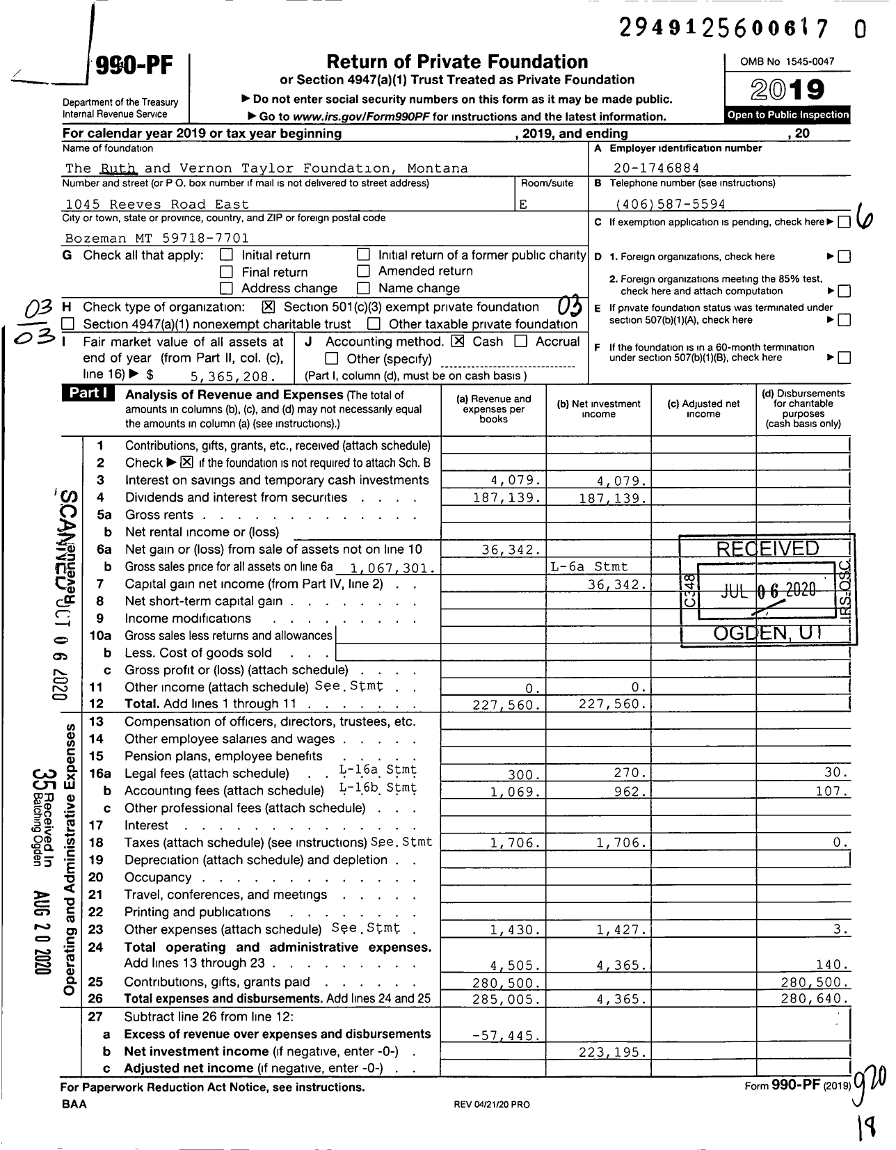 Image of first page of 2019 Form 990PR for The Ruth and Vernon Taylor Foundation Montana