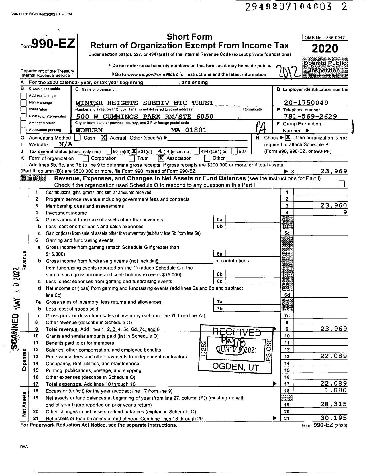 Image of first page of 2020 Form 990EO for Winter Heights Subdiv MTC Trust