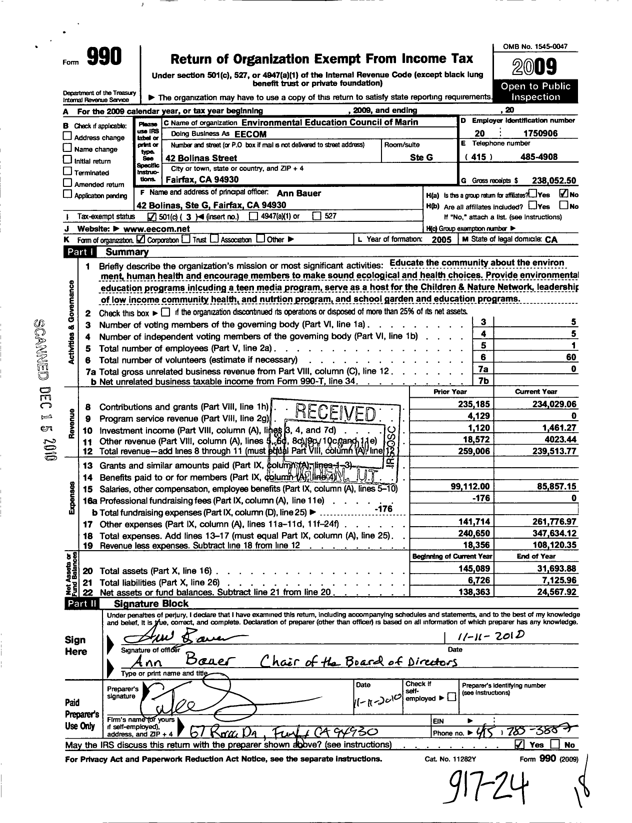 Image of first page of 2009 Form 990 for Environmental Education Council of Marin (EECOM)