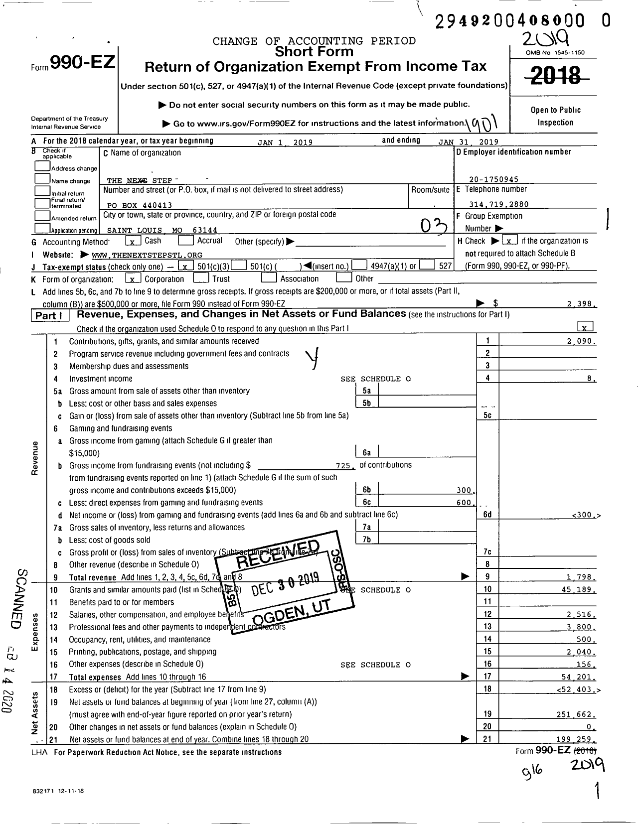 Image of first page of 2018 Form 990EZ for The Next Step