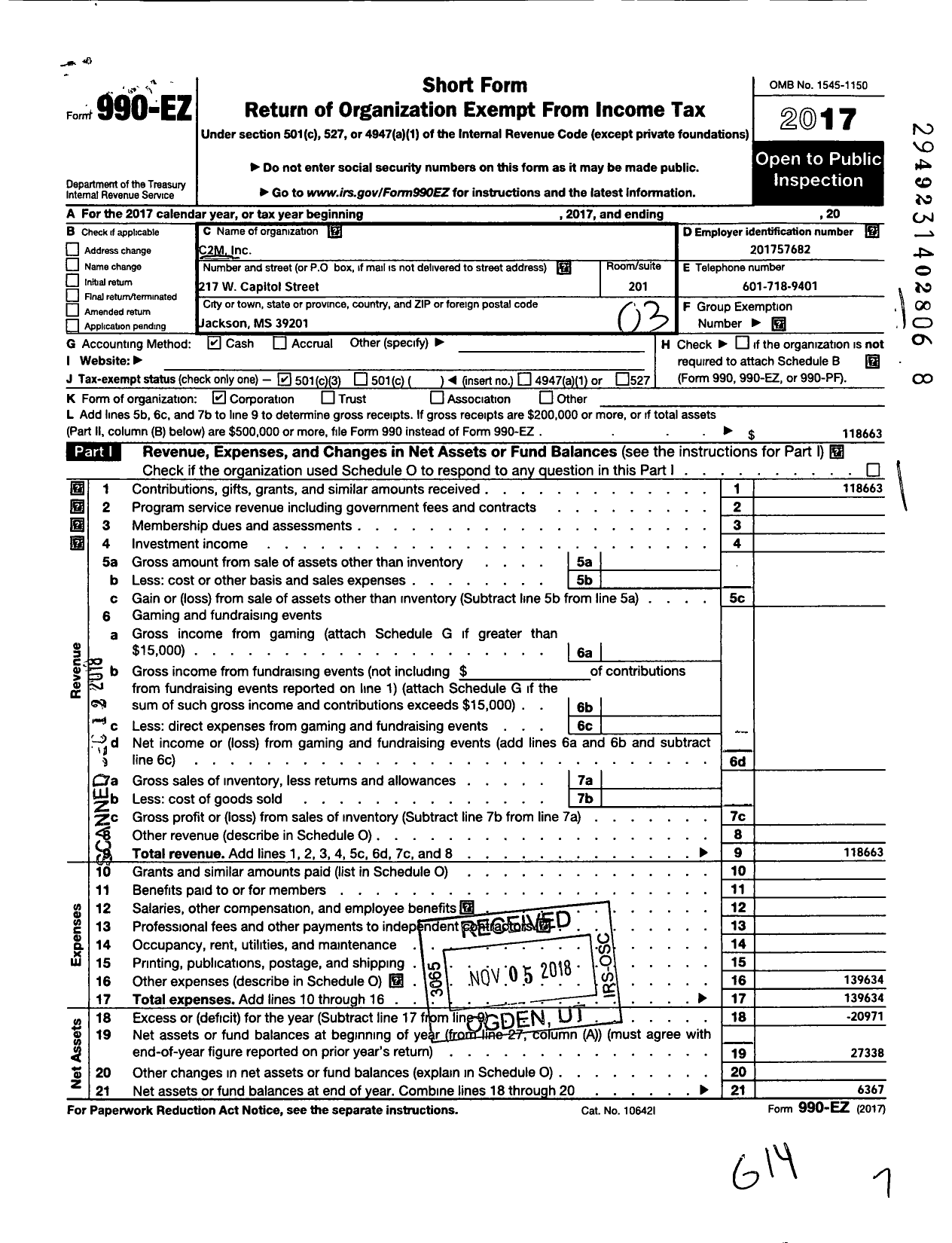 Image of first page of 2017 Form 990EZ for C2M