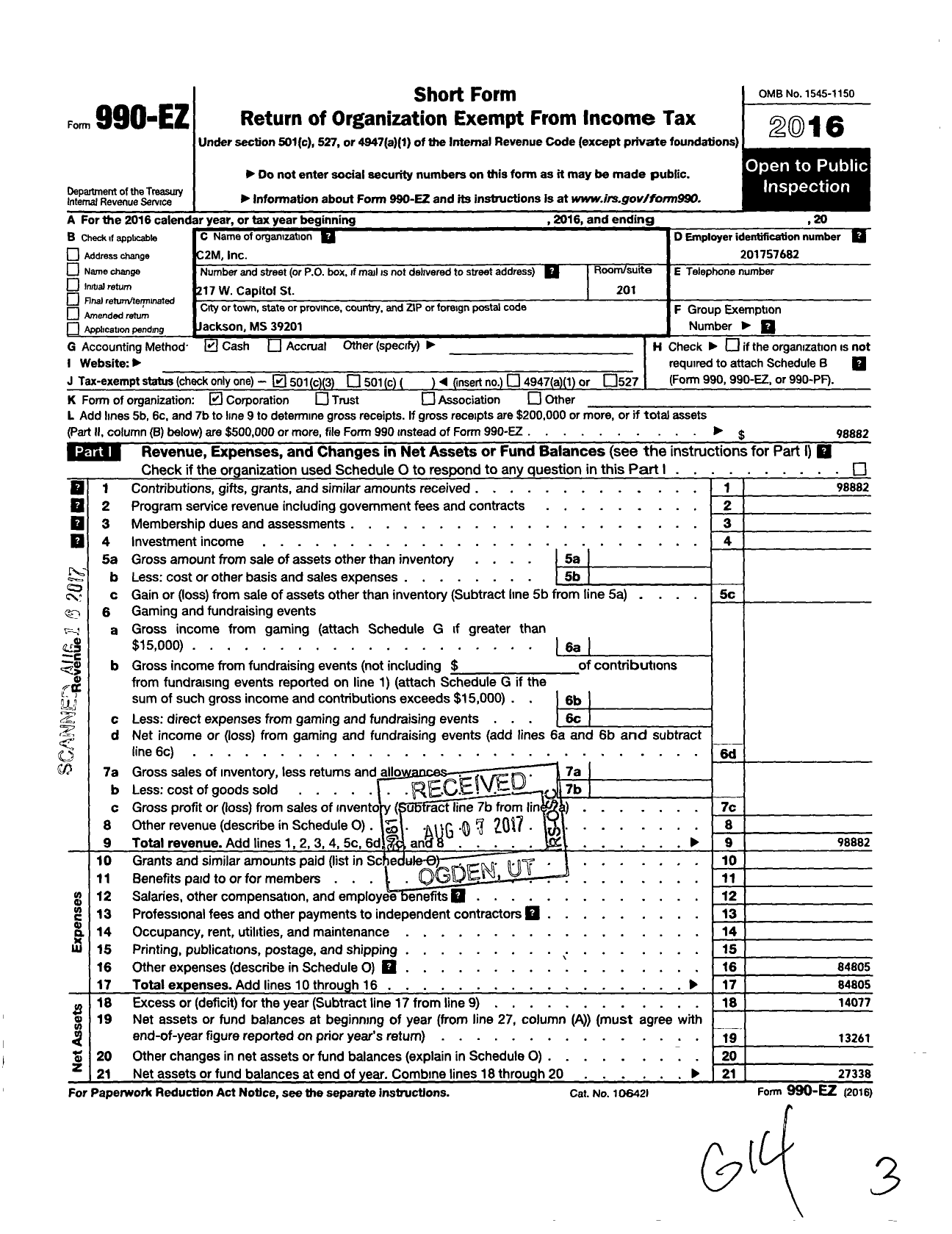 Image of first page of 2016 Form 990EZ for C2M