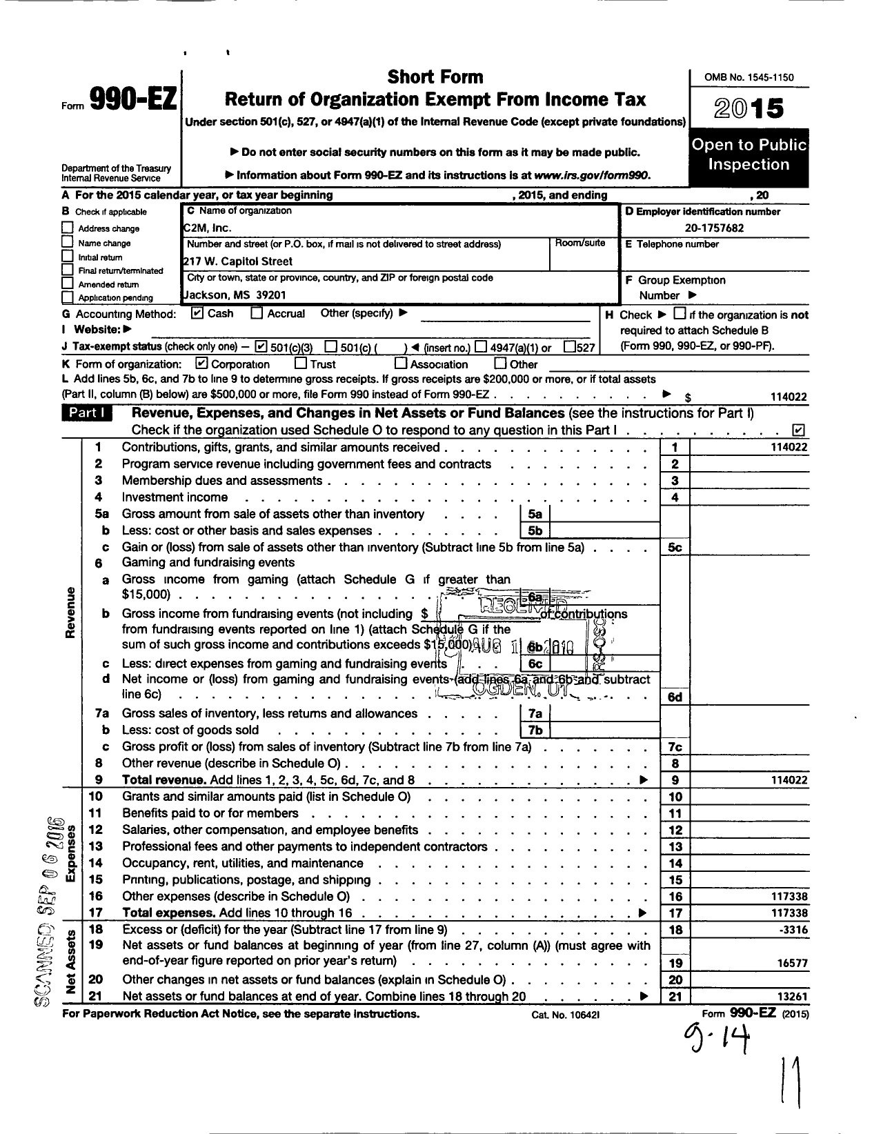 Image of first page of 2015 Form 990EZ for C2M