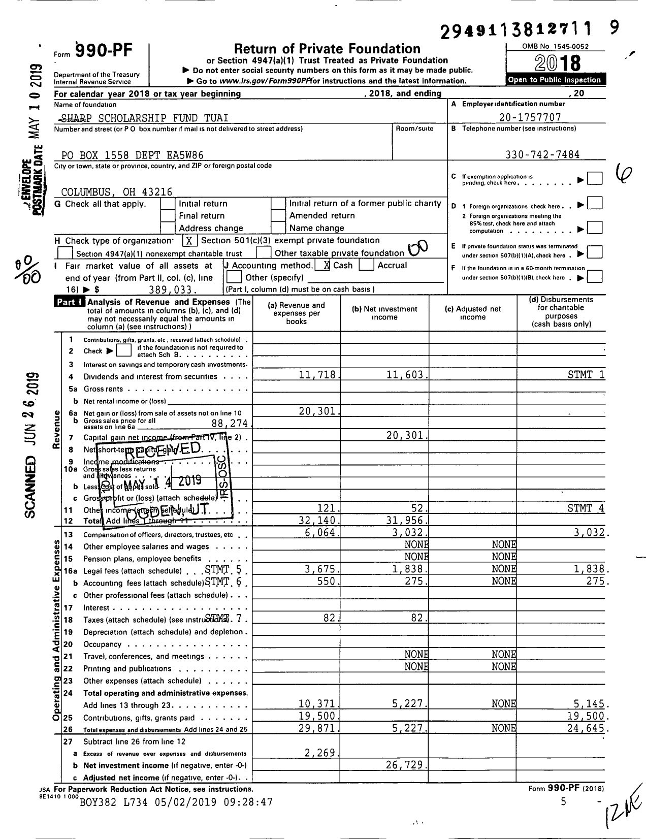 Image of first page of 2018 Form 990PF for Sharp Scholarship Fund Tuai