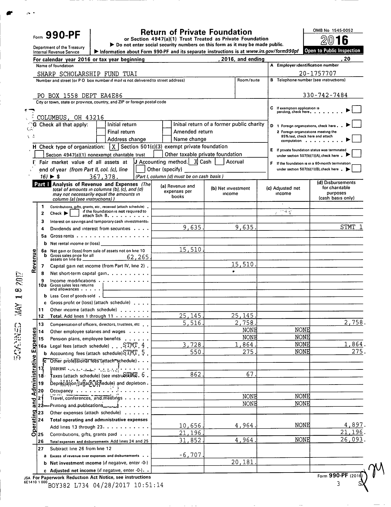 Image of first page of 2016 Form 990PF for Sharp Scholarship Fund Tuai