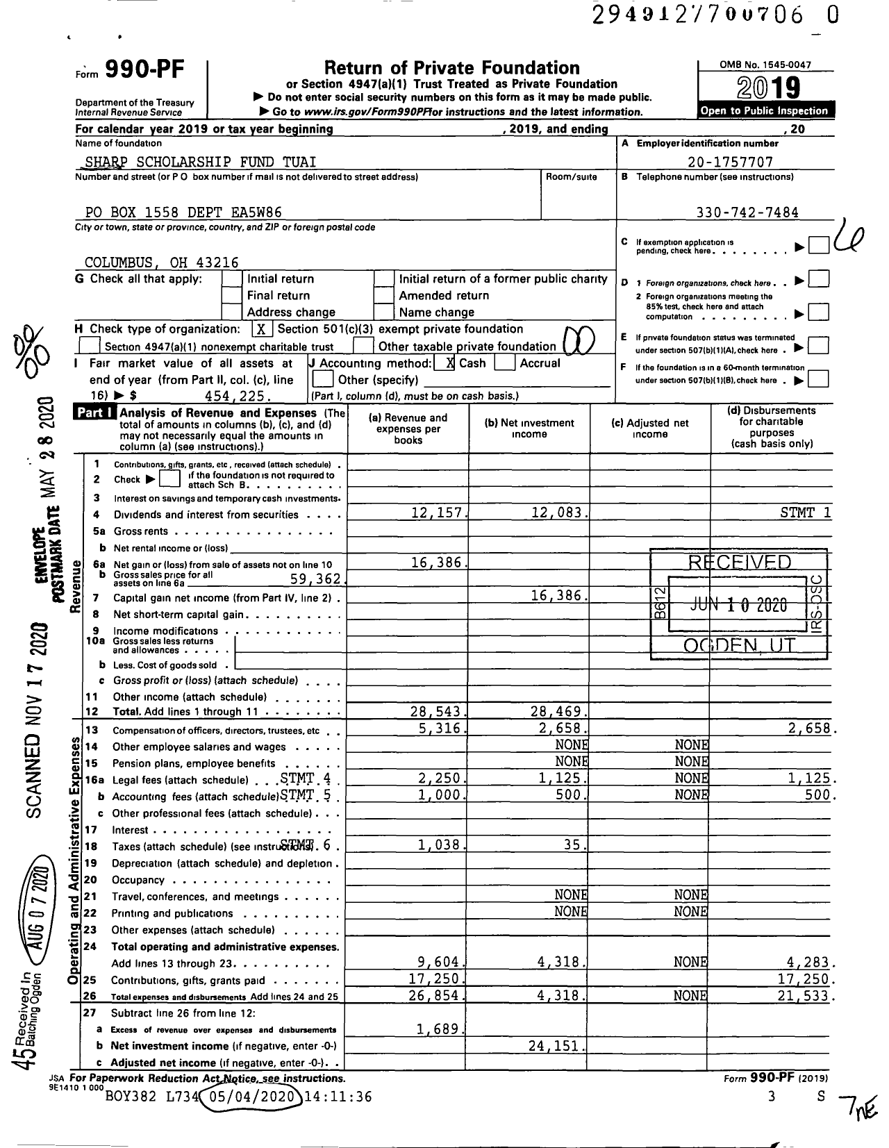 Image of first page of 2019 Form 990PF for Sharp Scholarship Fund Tuai