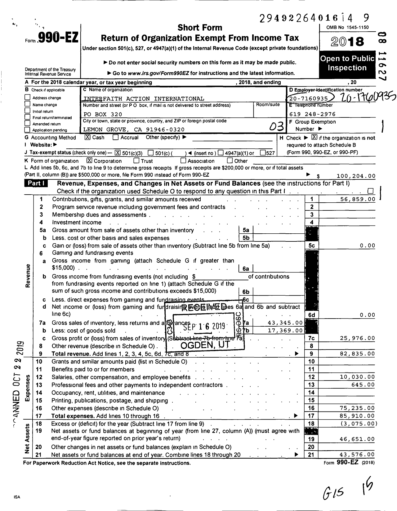 Image of first page of 2018 Form 990EZ for Interfaith Action International