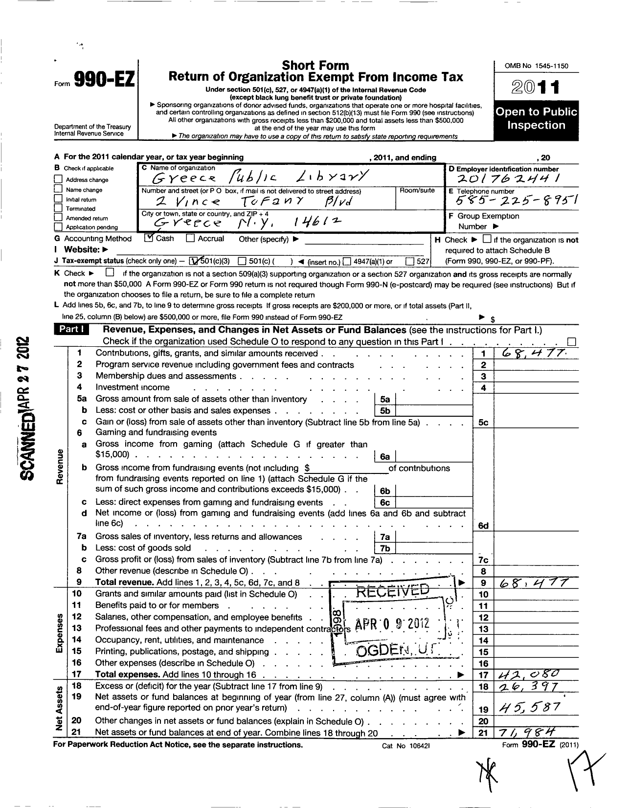 Image of first page of 2011 Form 990EZ for Greece Public Library