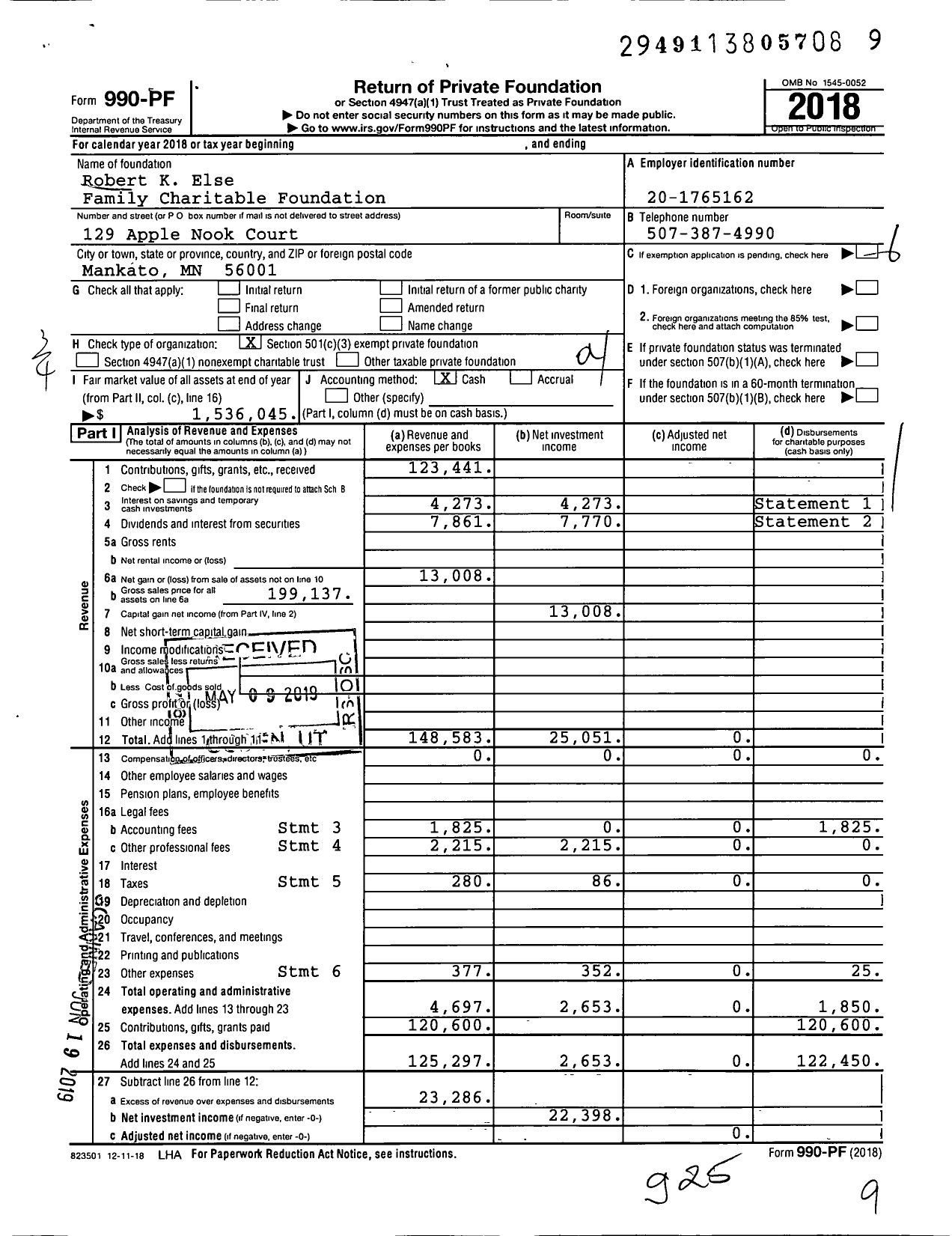 Image of first page of 2018 Form 990PF for Robert K Else Family Charitable Foundation