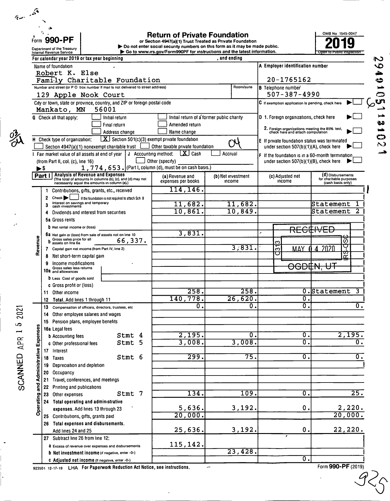 Image of first page of 2019 Form 990PF for Robert K Else Family Charitable Foundation