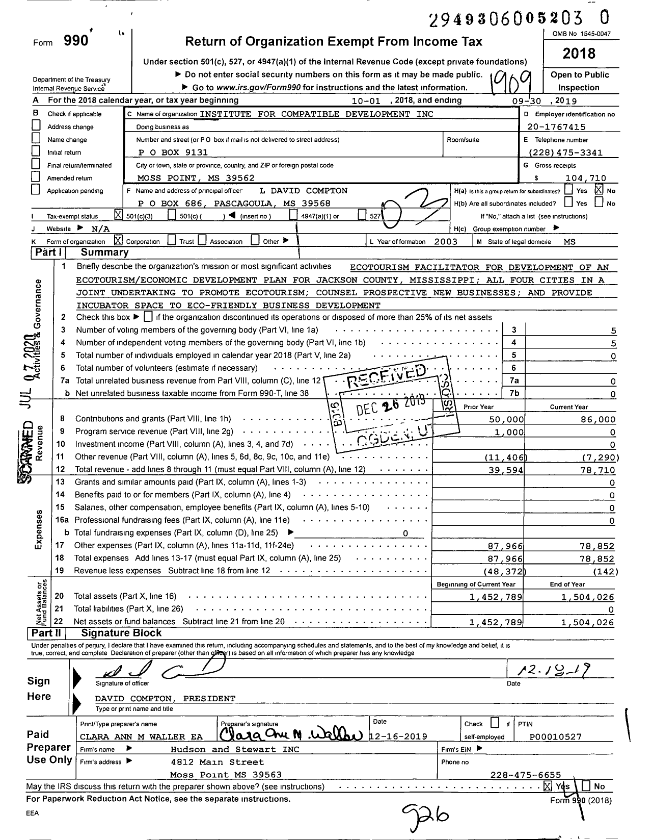 Image of first page of 2018 Form 990 for Institute for Compatible Development