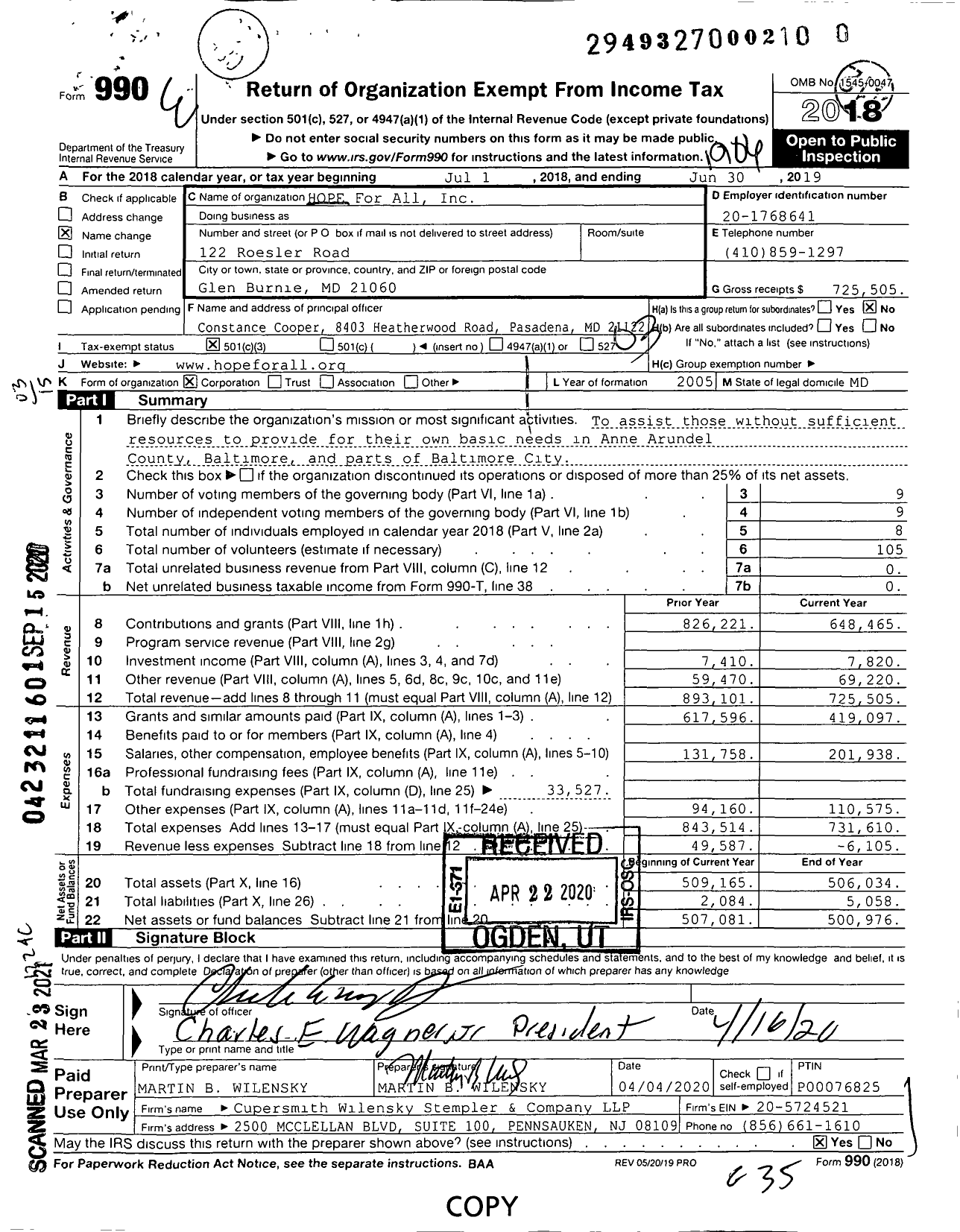 Image of first page of 2018 Form 990 for HOPE For All / Hope Inc