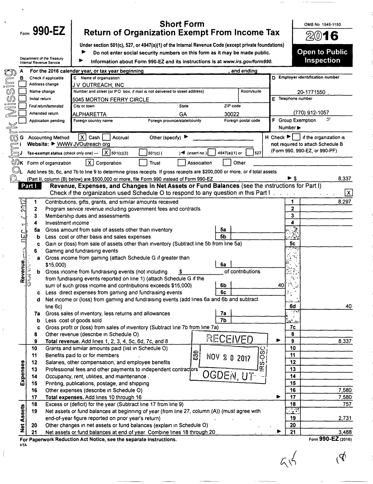 Image of first page of 2016 Form 990EZ for J V Outreach