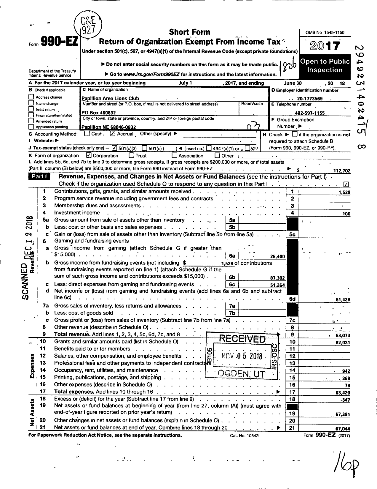 Image of first page of 2017 Form 990EZ for Papillion Area Lions Foundation