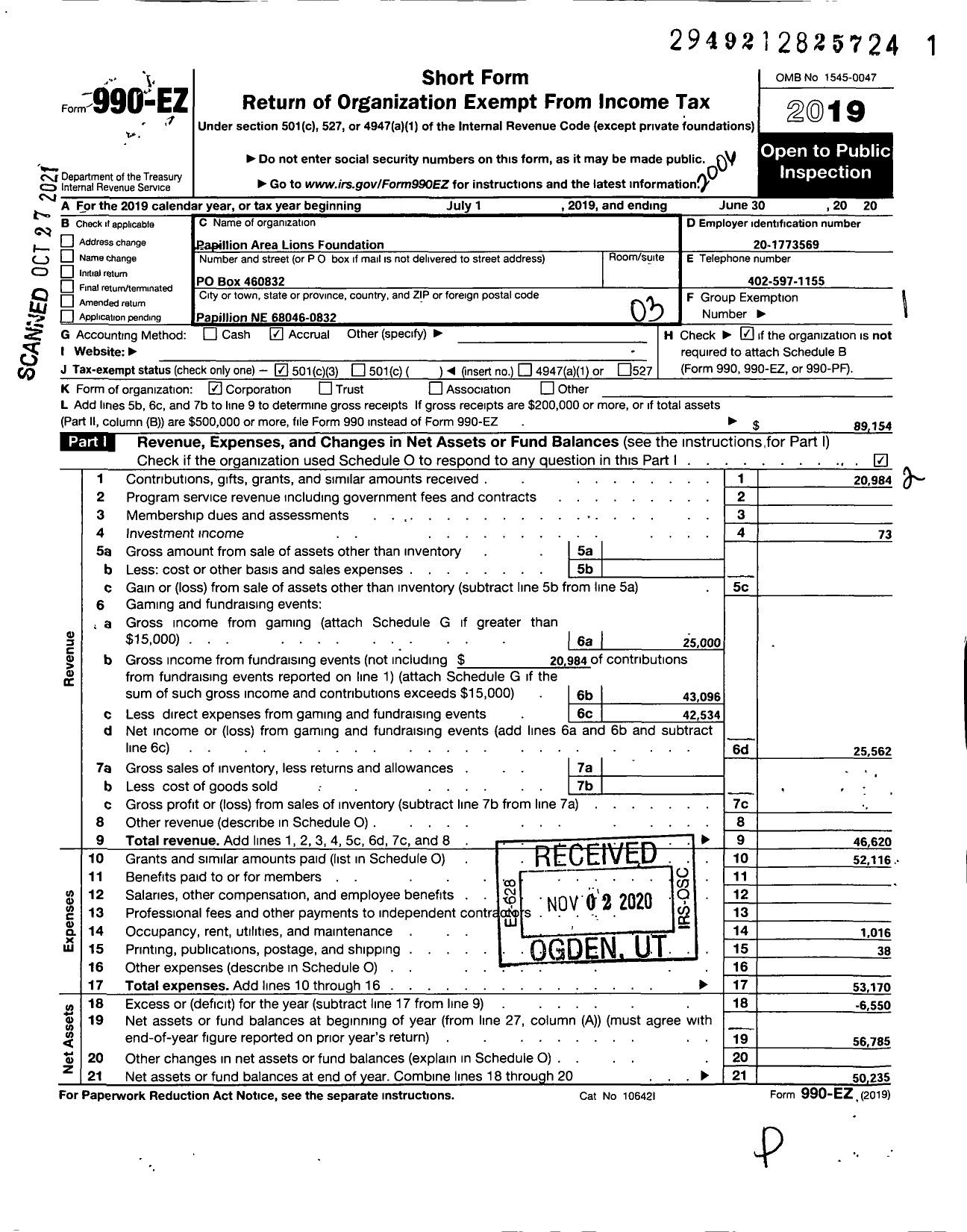 Image of first page of 2019 Form 990EZ for Papillion Area Lions Foundation