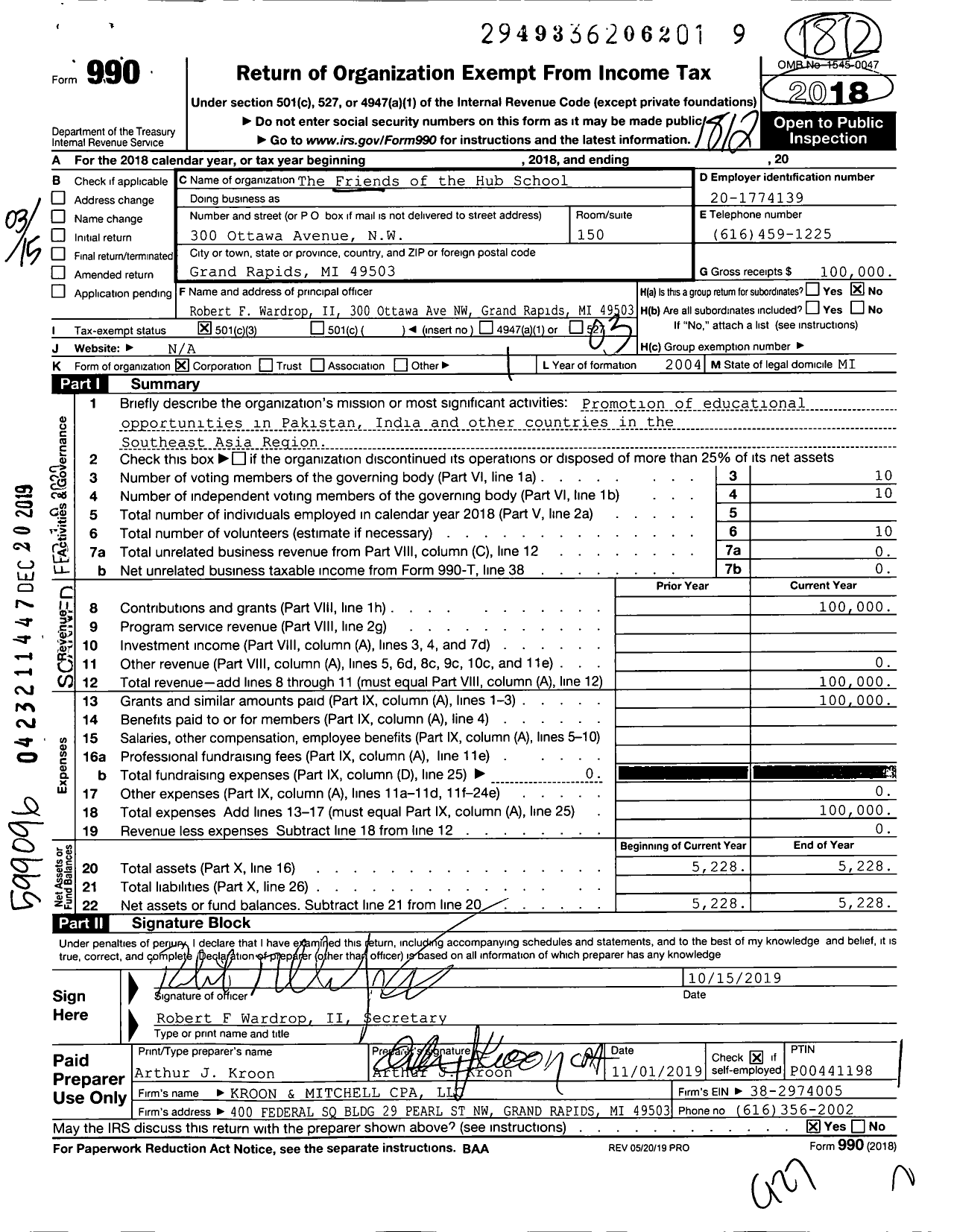 Image of first page of 2018 Form 990 for The Friends of the Hub School