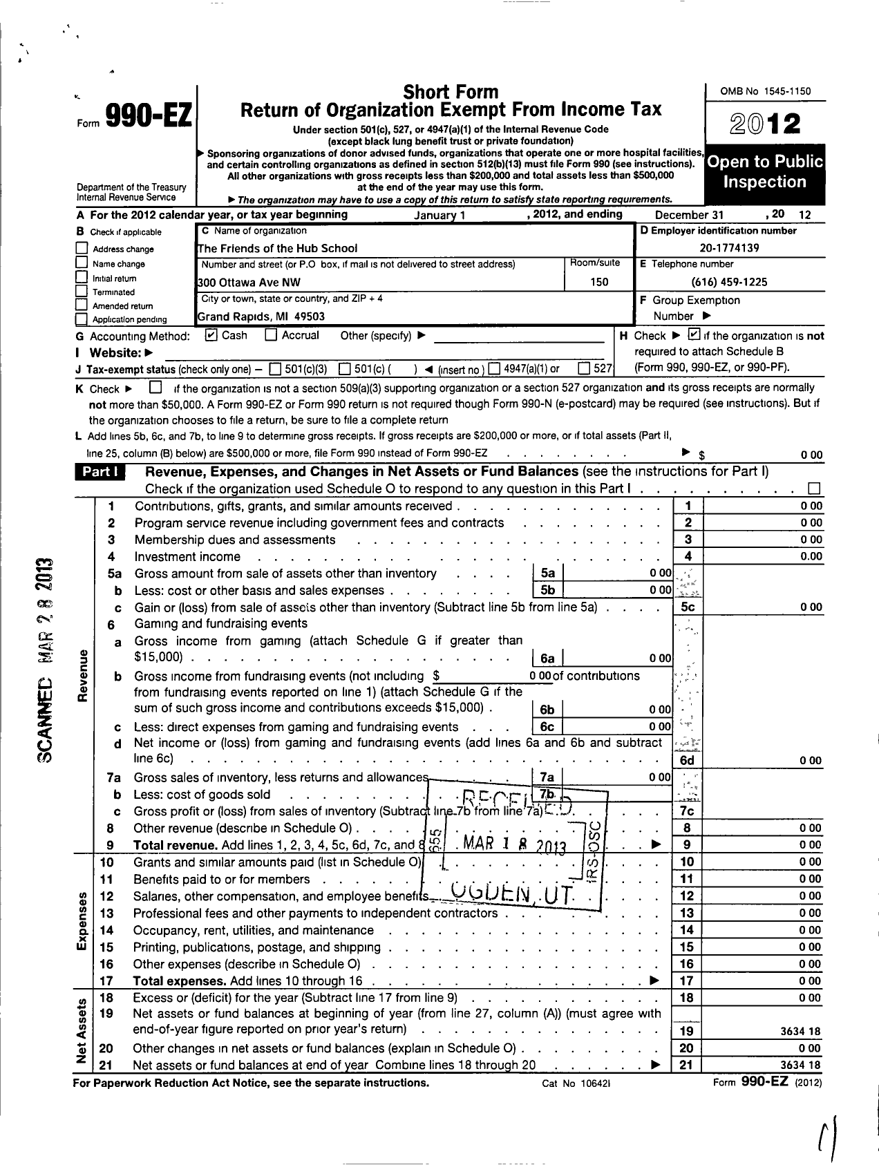 Image of first page of 2012 Form 990EO for The Friends of the Hub School