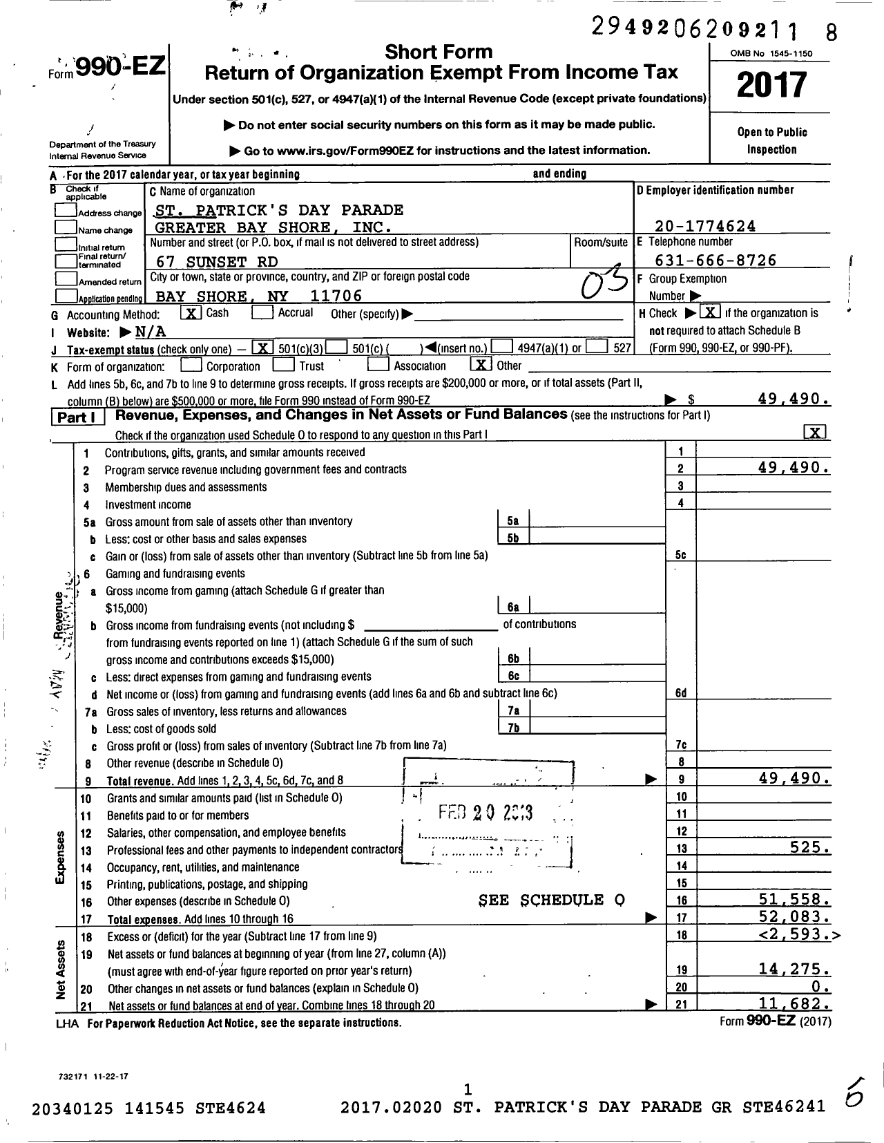 Image of first page of 2017 Form 990EZ for St Patrick's Day Parade Greater Bay Shore