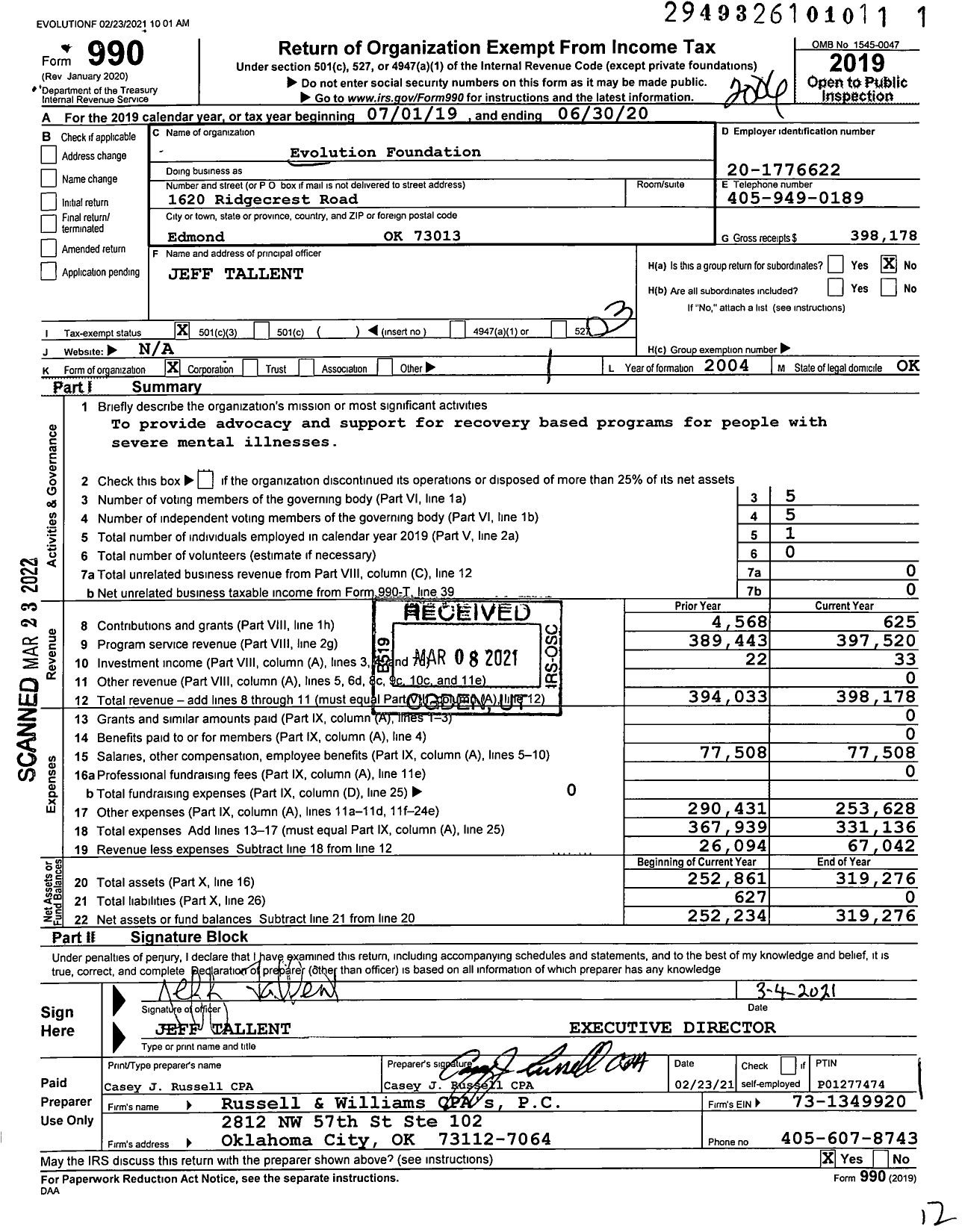 Image of first page of 2019 Form 990 for Evolution Foundation