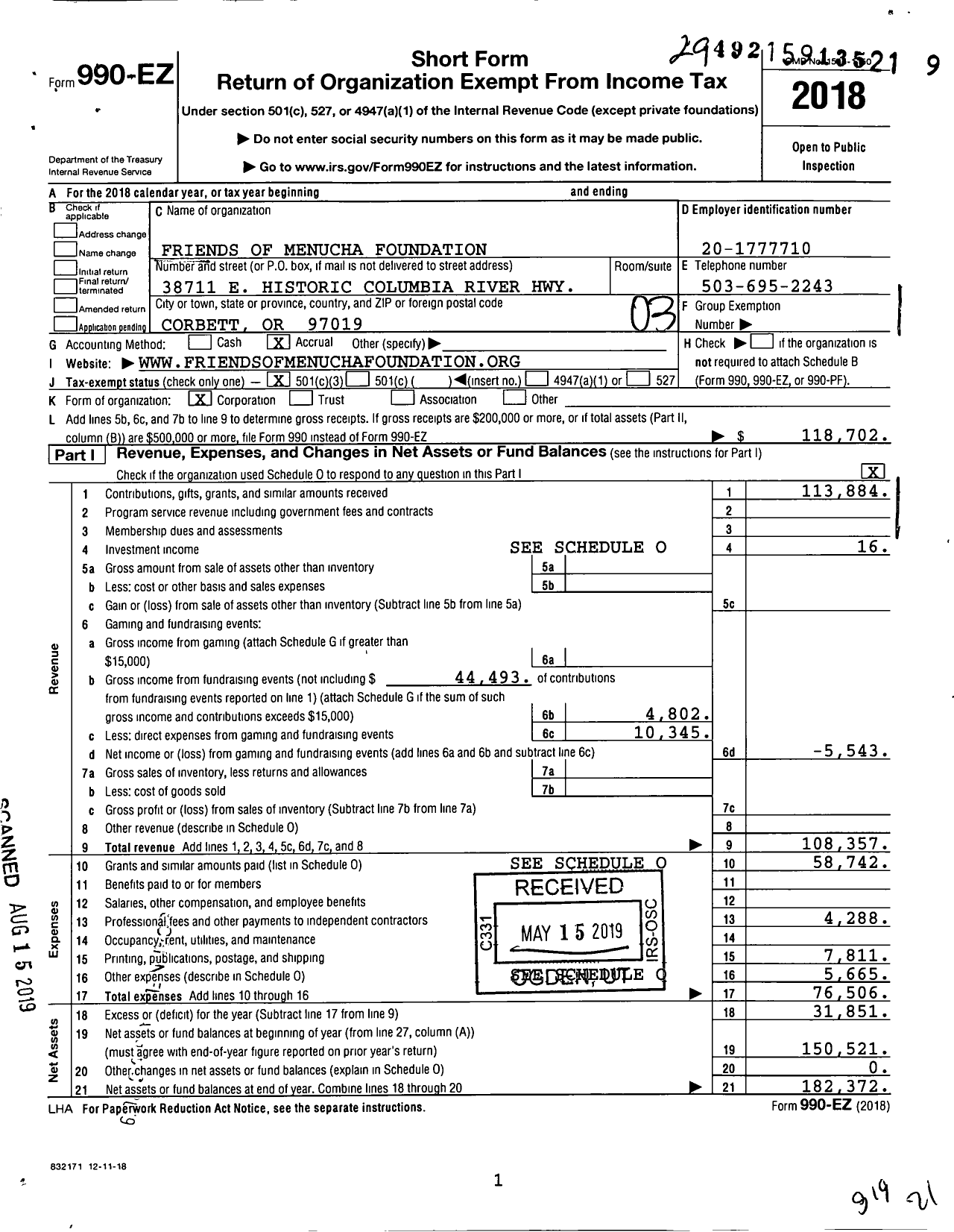 Image of first page of 2018 Form 990EZ for Friends of Menucha Foundation