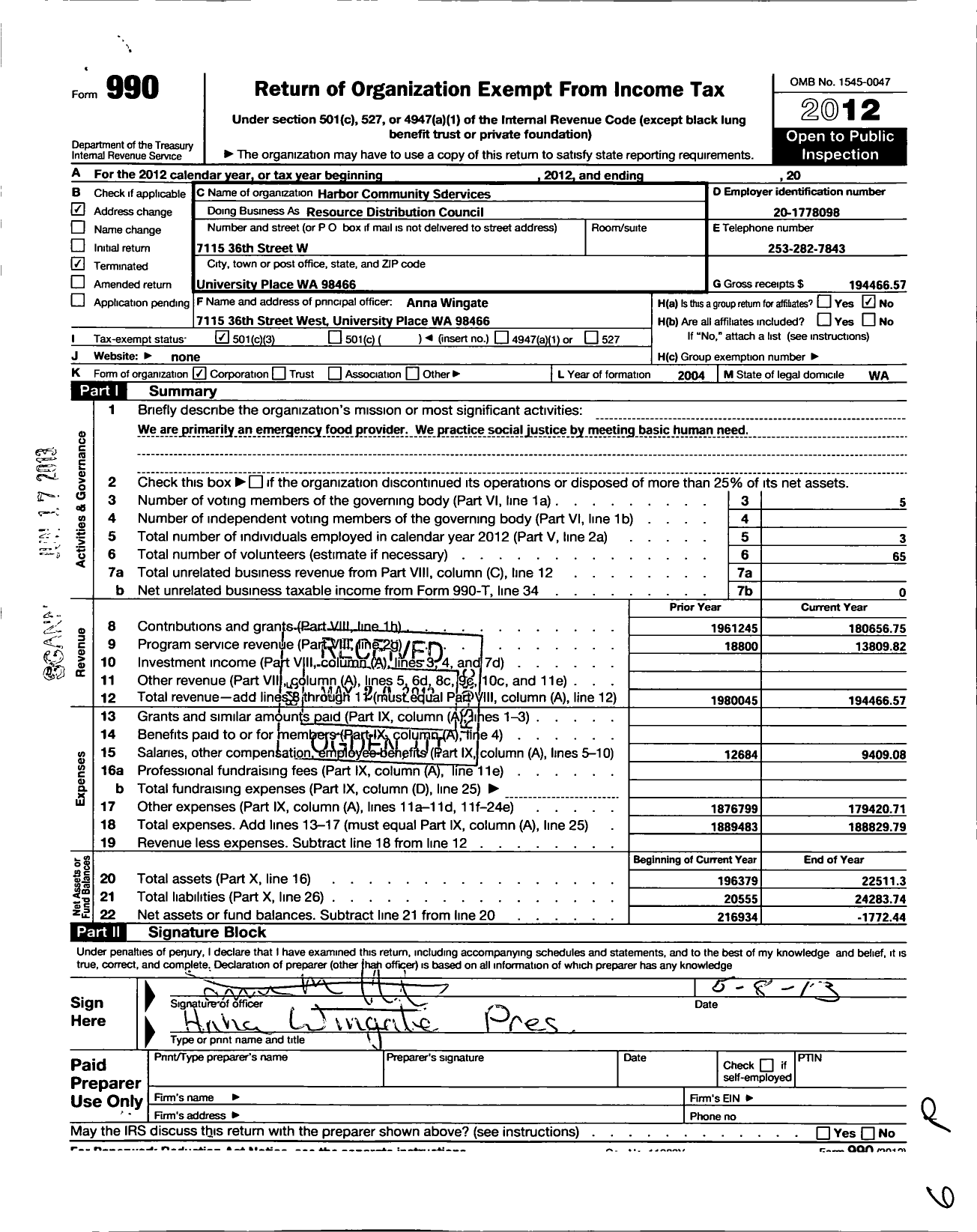 Image of first page of 2012 Form 990 for Harbor Community Services Resource Distribution Council