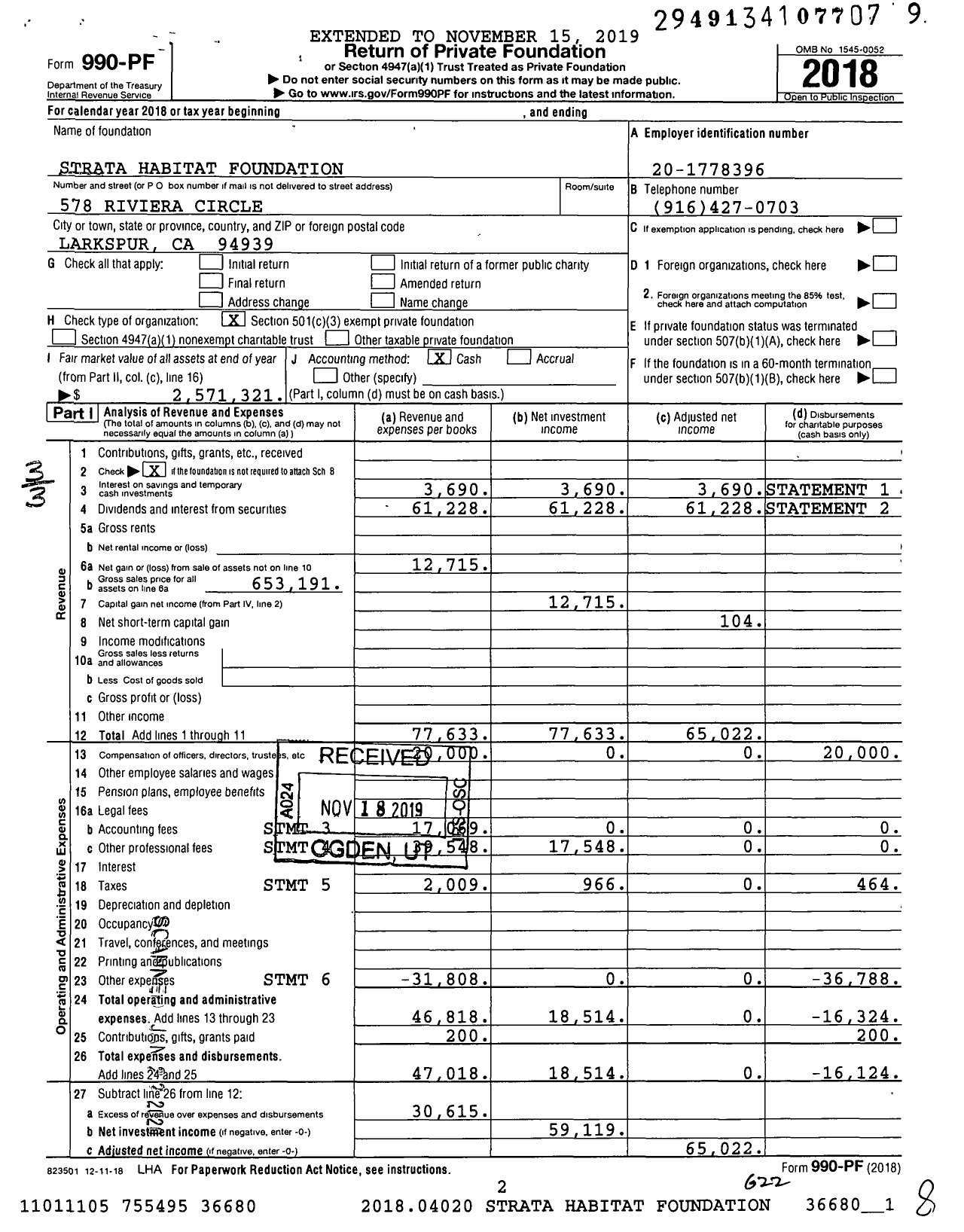 Image of first page of 2018 Form 990PF for Strata Habitat Foundation