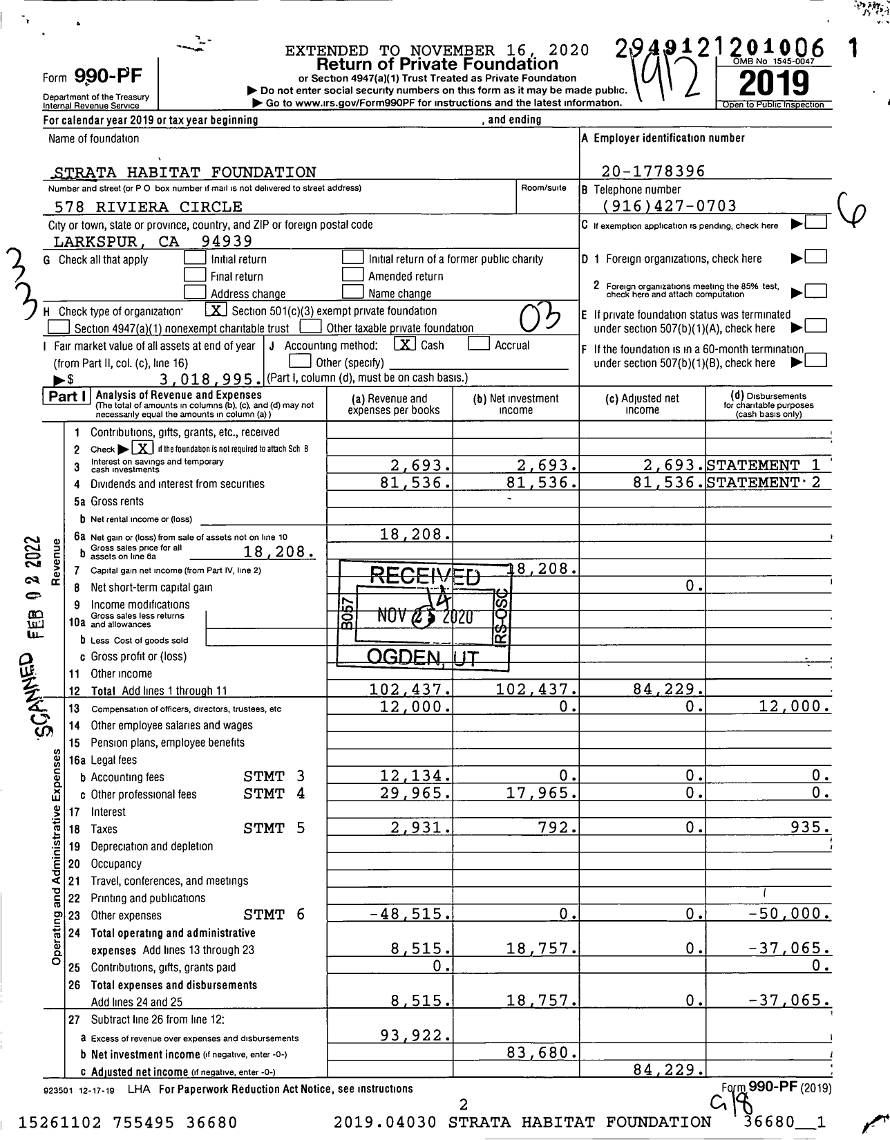 Image of first page of 2019 Form 990PF for Strata Habitat Foundation