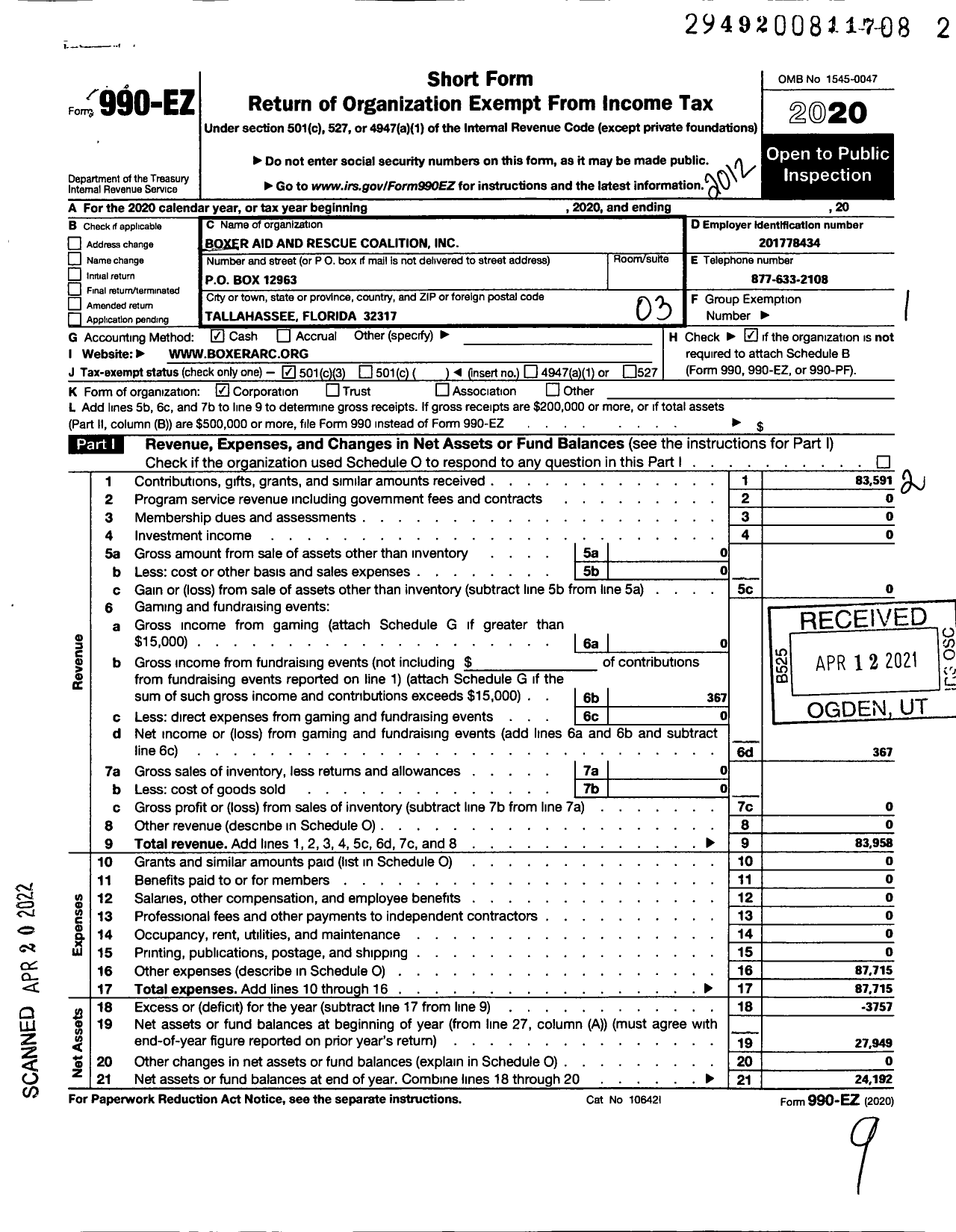 Image of first page of 2020 Form 990EZ for Boxer Aid and Rescue Coalition