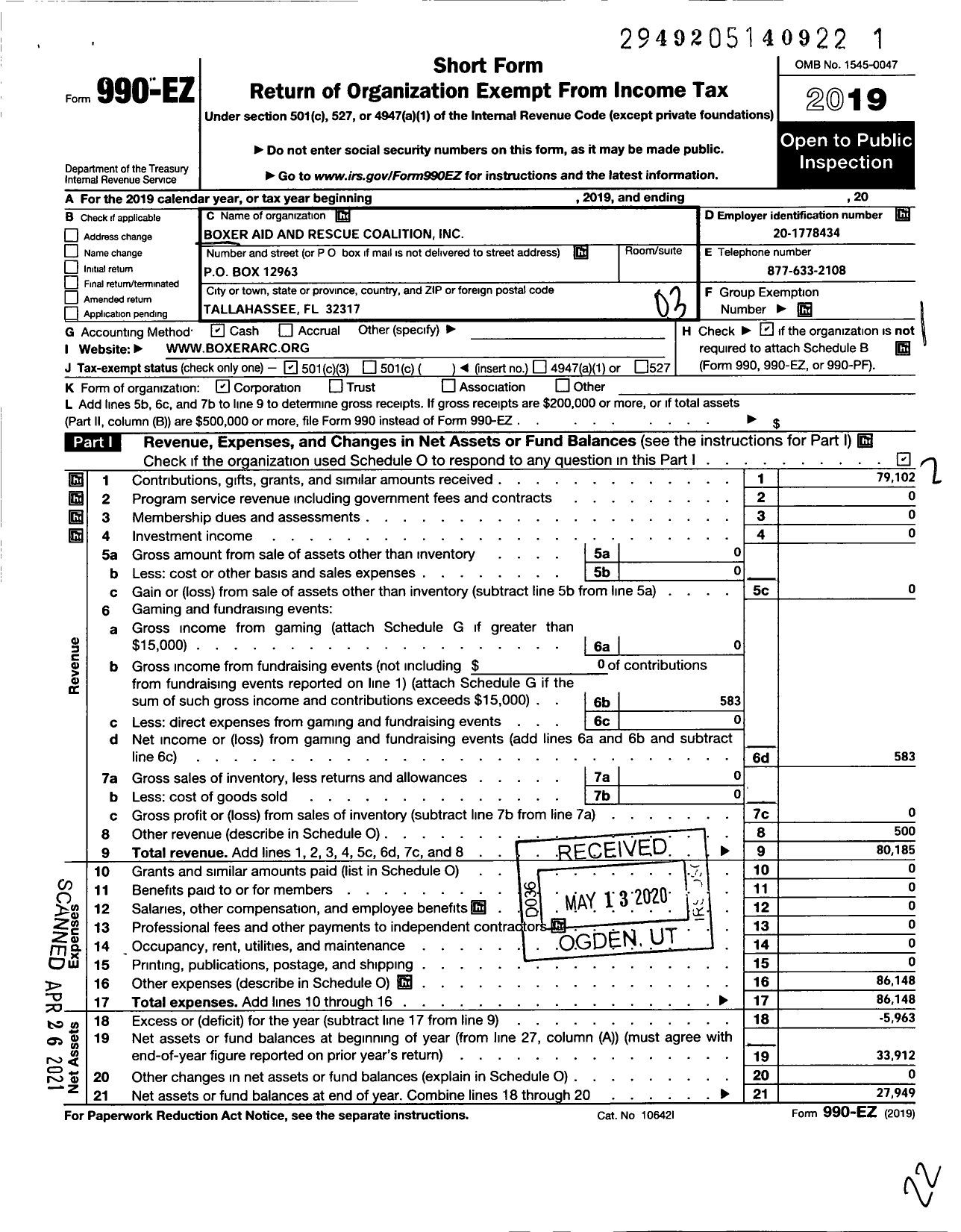 Image of first page of 2019 Form 990EZ for Boxer Aid and Rescue Coalition