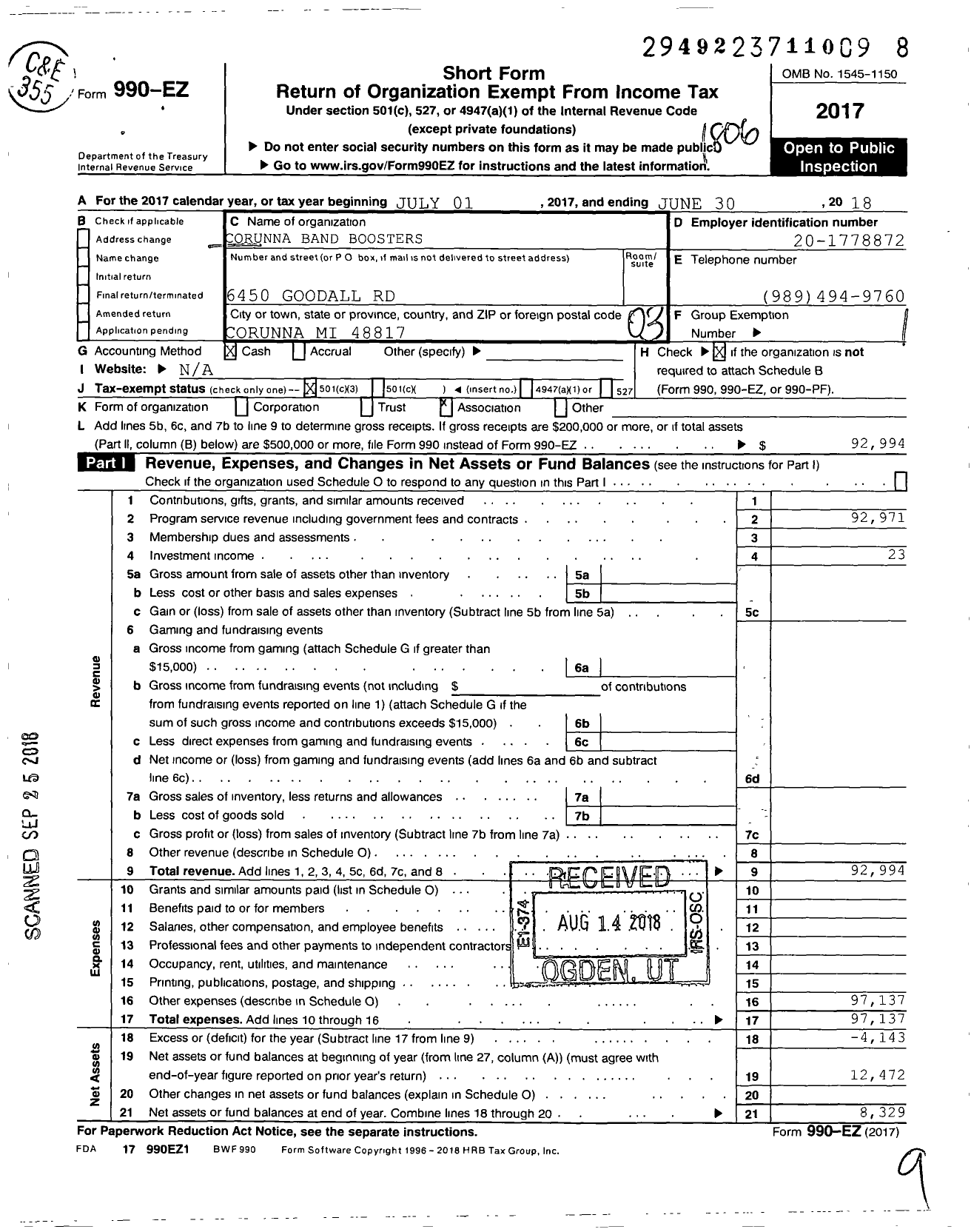 Image of first page of 2017 Form 990EZ for Corunna Band Boosters