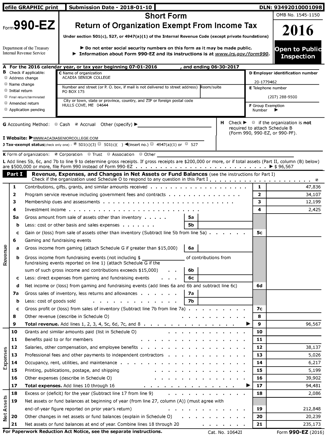 Image of first page of 2016 Form 990EZ for Acadia Senior College
