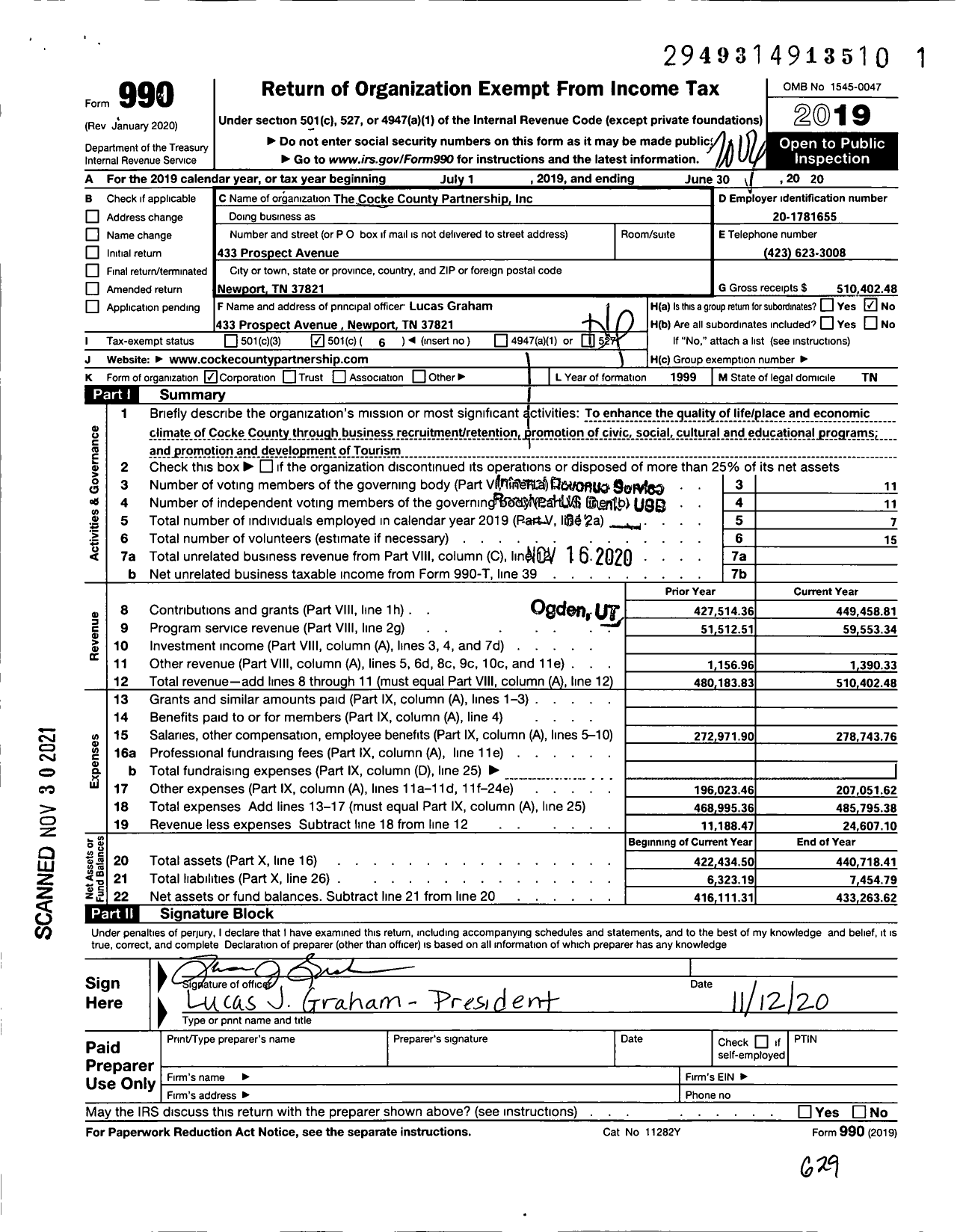 Image of first page of 2019 Form 990O for Cocke County Partnership