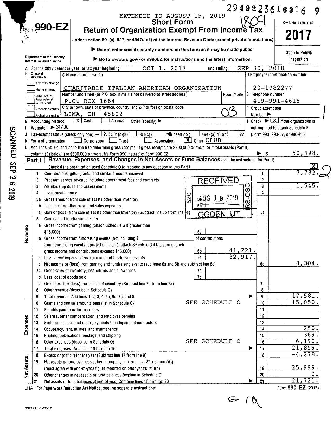Image of first page of 2017 Form 990EZ for Charitable Italian American Organization