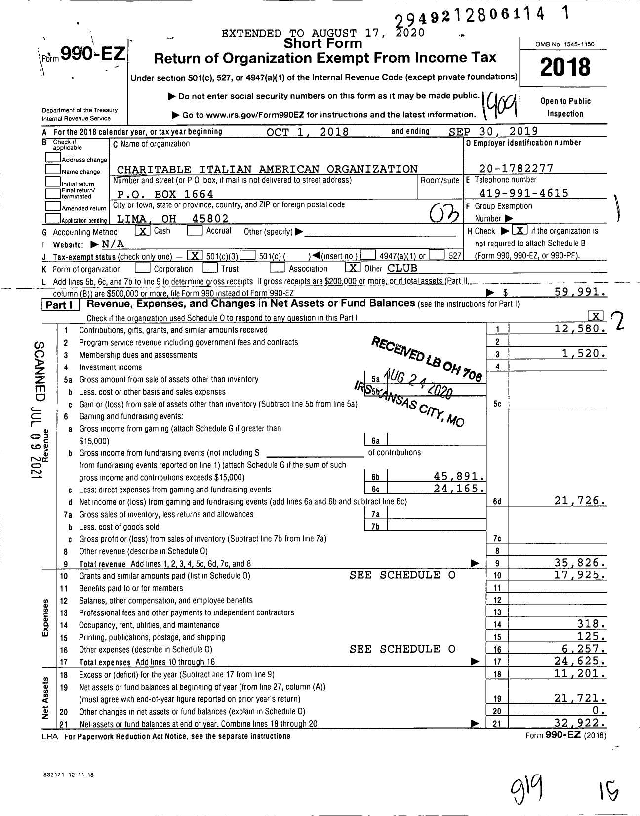 Image of first page of 2018 Form 990EZ for Charitable Italian American Organization