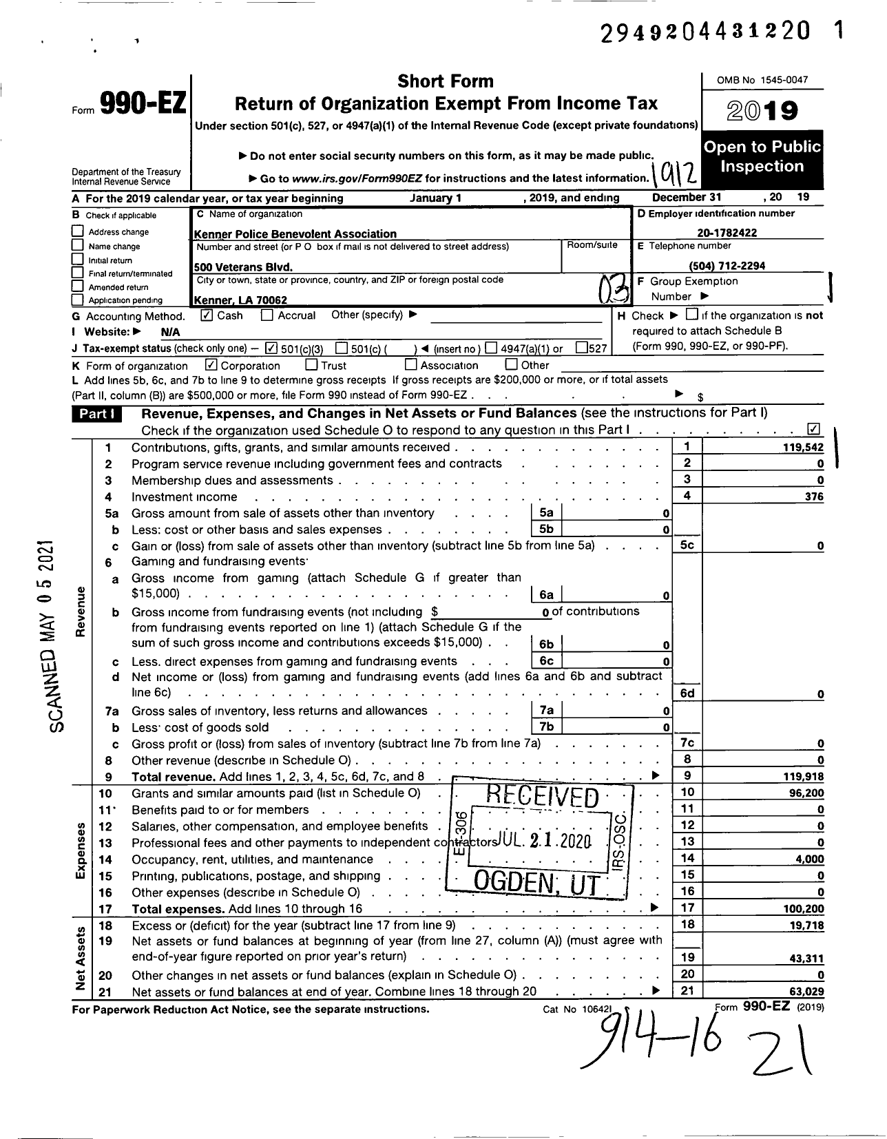 Image of first page of 2019 Form 990EZ for Kenner Police Benevolent Association