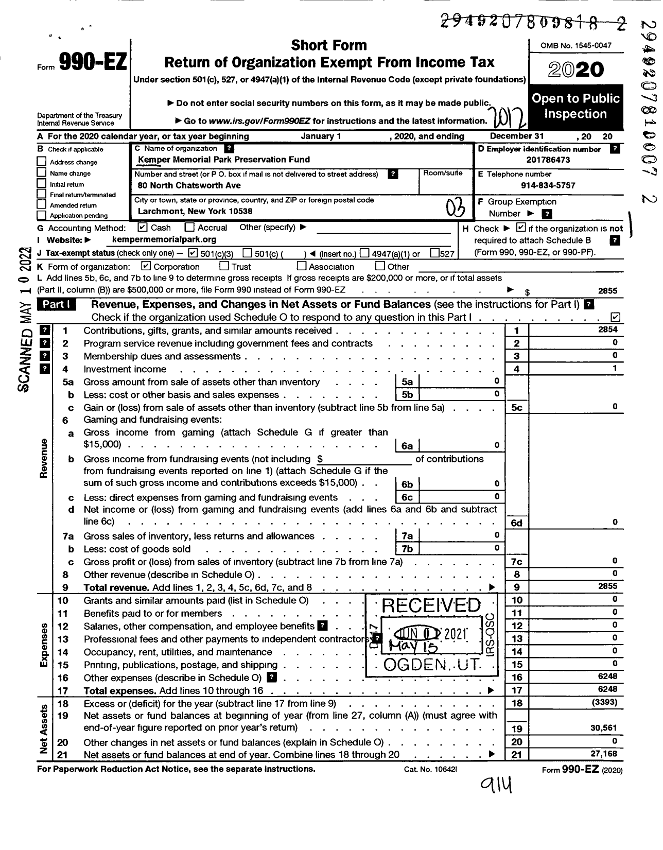 Image of first page of 2020 Form 990EZ for Kemper Memorial Park Preservation Fund