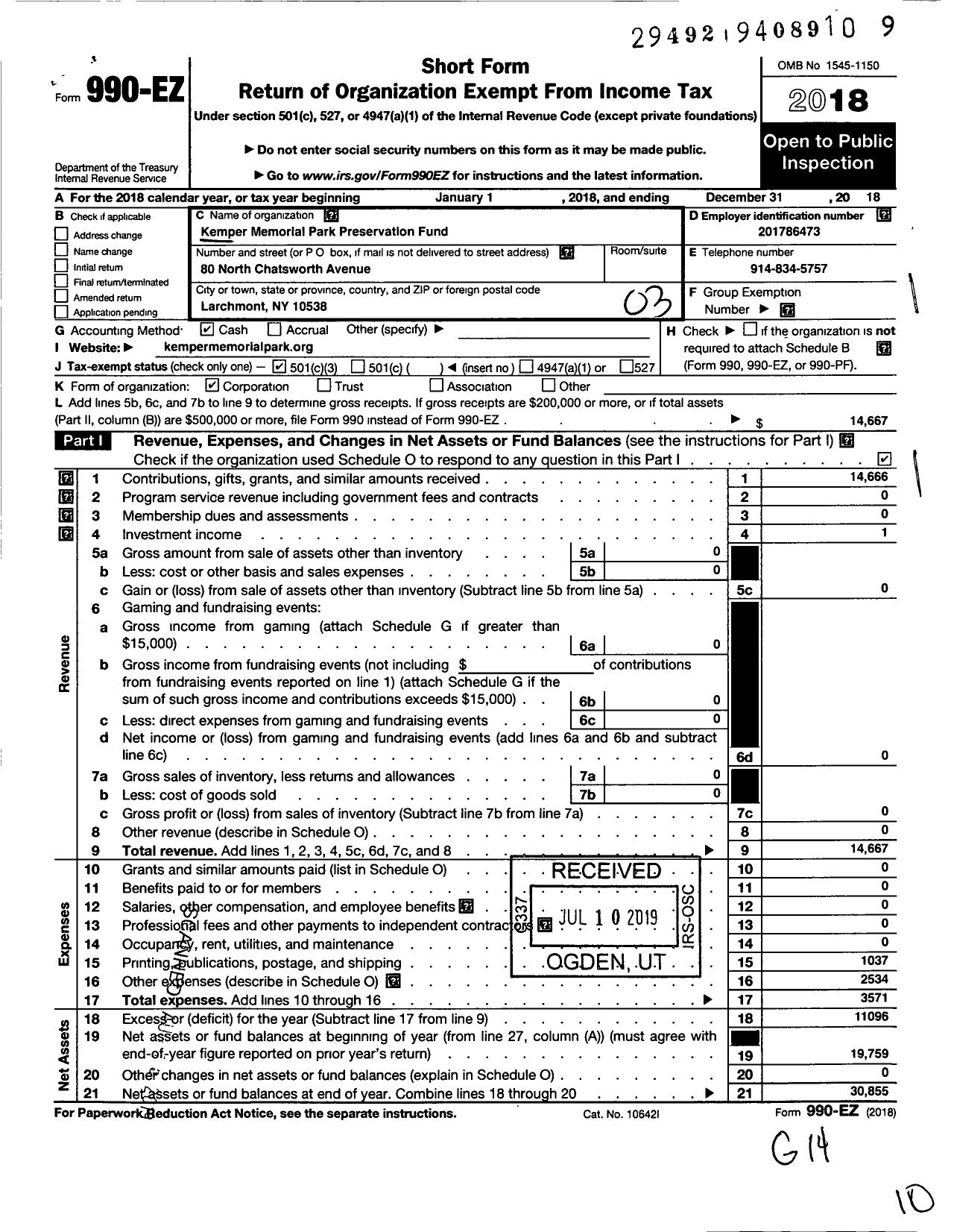 Image of first page of 2018 Form 990EZ for Kemper Memorial Park Preservation Fund