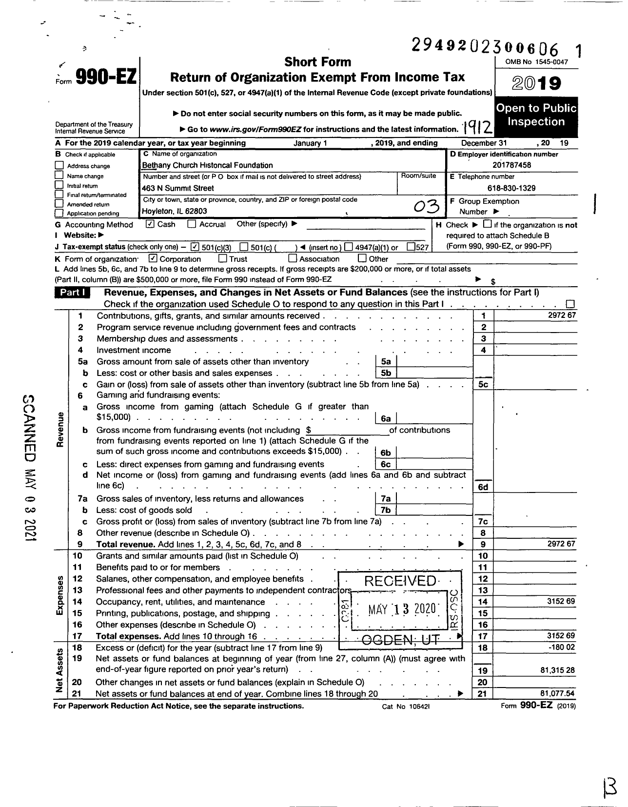 Image of first page of 2019 Form 990EZ for Bethany Church Historical Foundation